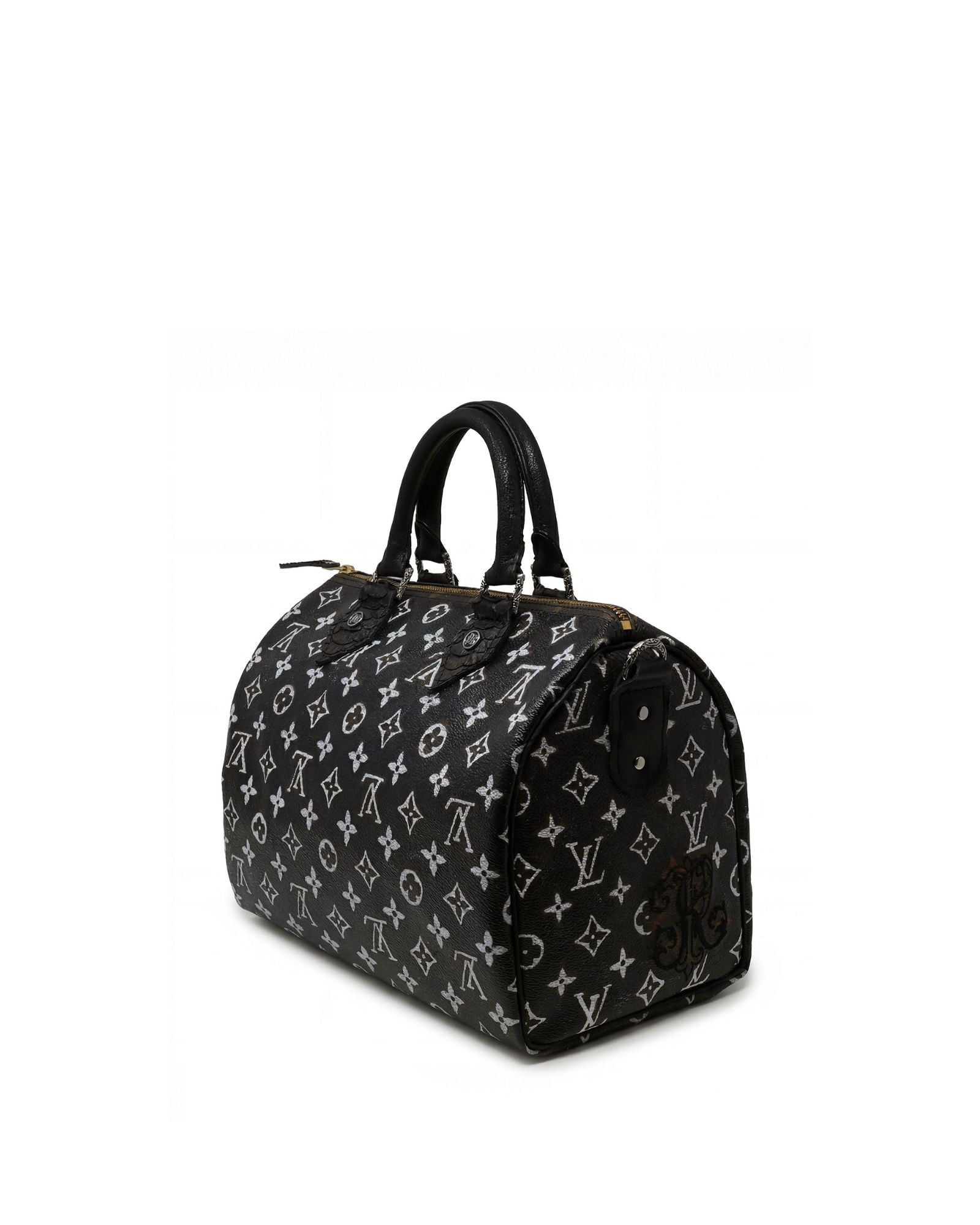 Philip Karto PK.02 Simple Black Speedy bag hand-painted on vintage Louis Vuitton monogram canvas -Side view with PK icon embroidered