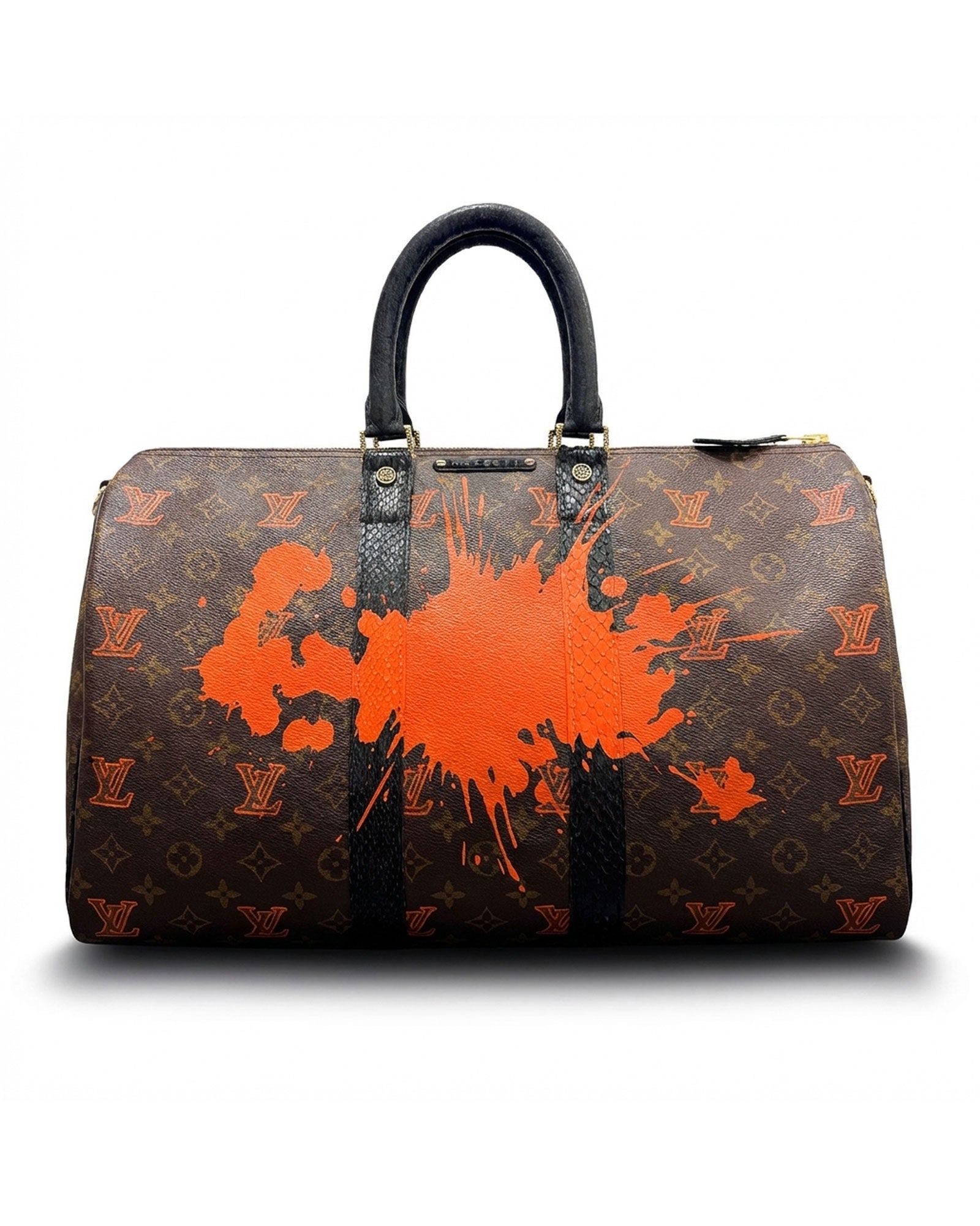 Philip Karto vintage Louis Vuitton handbag with orange paint splatter on a white background