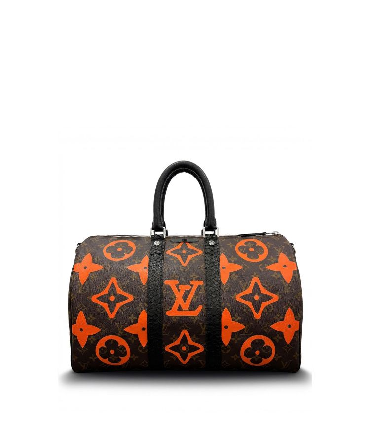Philip Karto PK.04 Palms Speedy bag in orange with painted LV monogram on this side and embroidered palm motifs on the other side on vintage Louis Vuitton monogram canvas