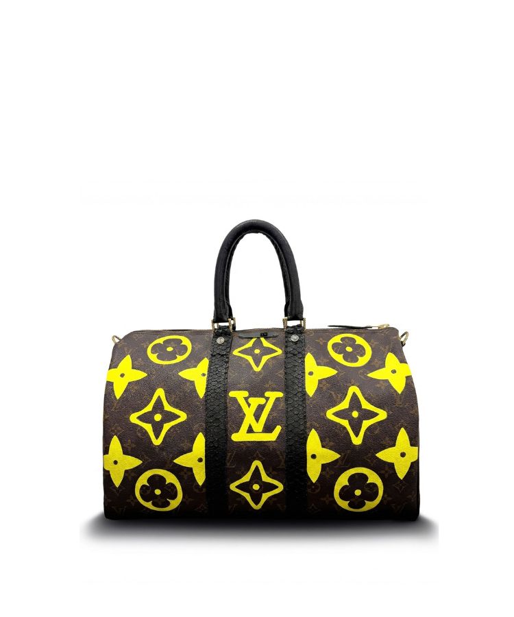 Philip Karto PK.04 Palms Speedy bag in yellow with painted LV monogram on this side and embroidered palm motifs on the other side in on vintage Louis Vuitton monogram canvas
