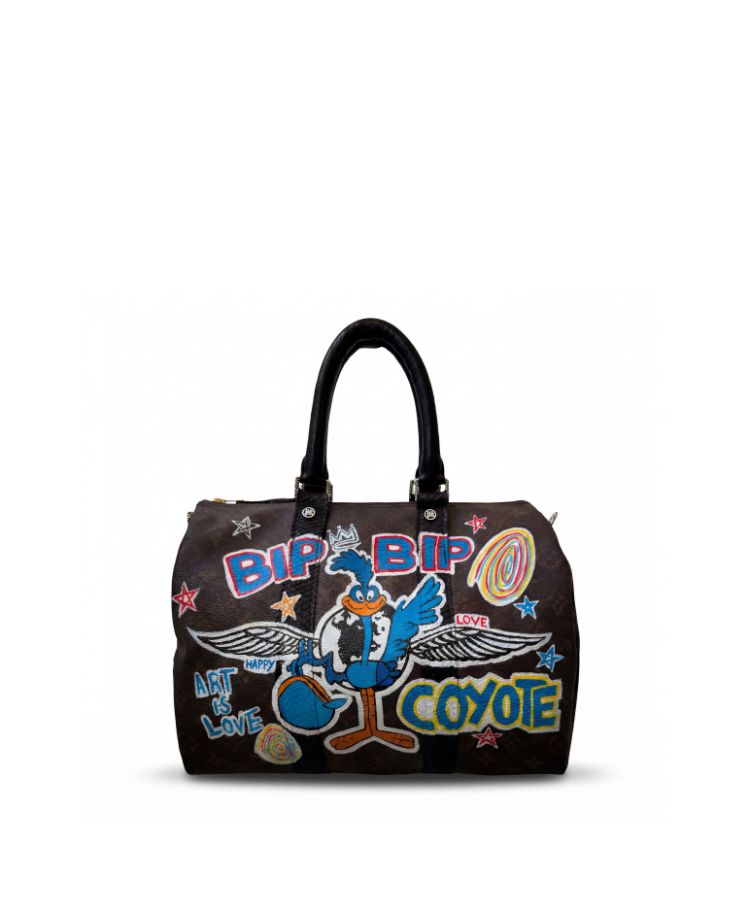 Philip Karto PK.03 Bip Bip and Coyote Speedy bag hand-painted with cartoon-inspired artwork on Louis Vuitton canvas