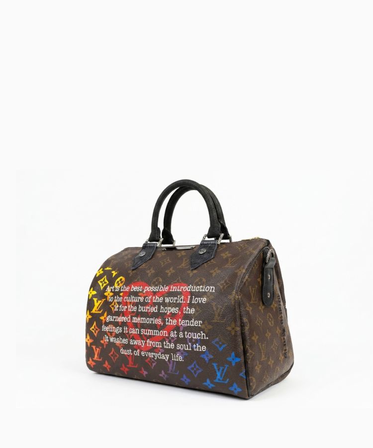 right side view of Philip Karto PK.03 Einstein Speedy bag created from vintage Louis Vuitton canvas