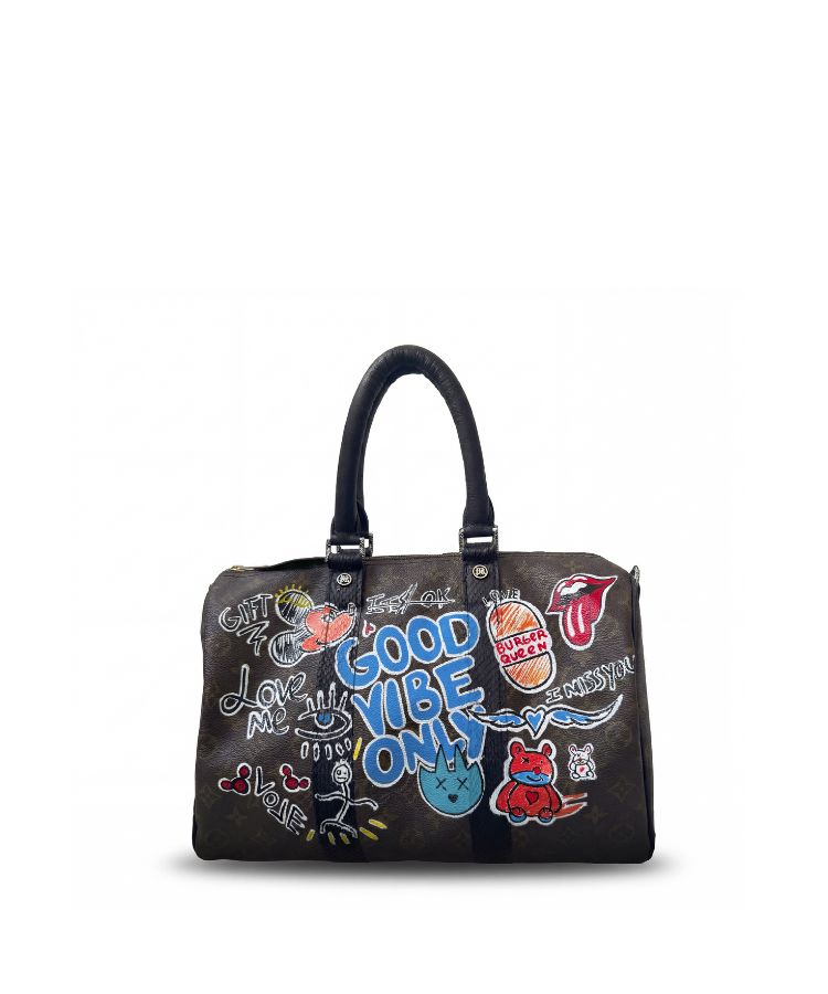 Philip Karto PK.03 Good Vibes Speedy bag hand-painted with words and symbols on Louis Vuitton monogram canvas