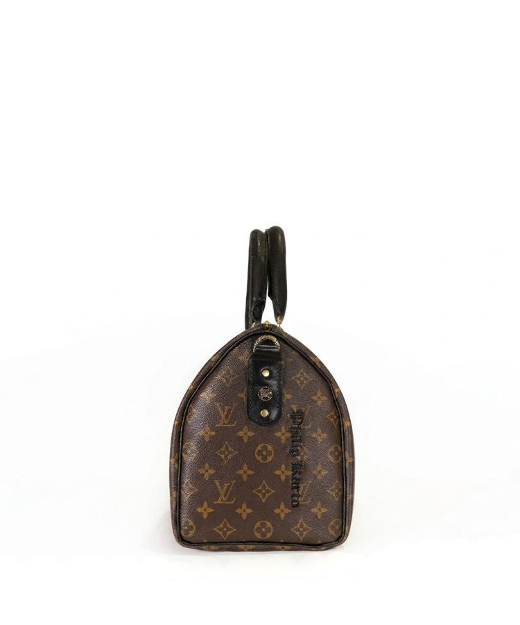 Left side view of Philip Karto PK.03 Good Vibes Speedy bag created from vintage Louis Vuitton canvas