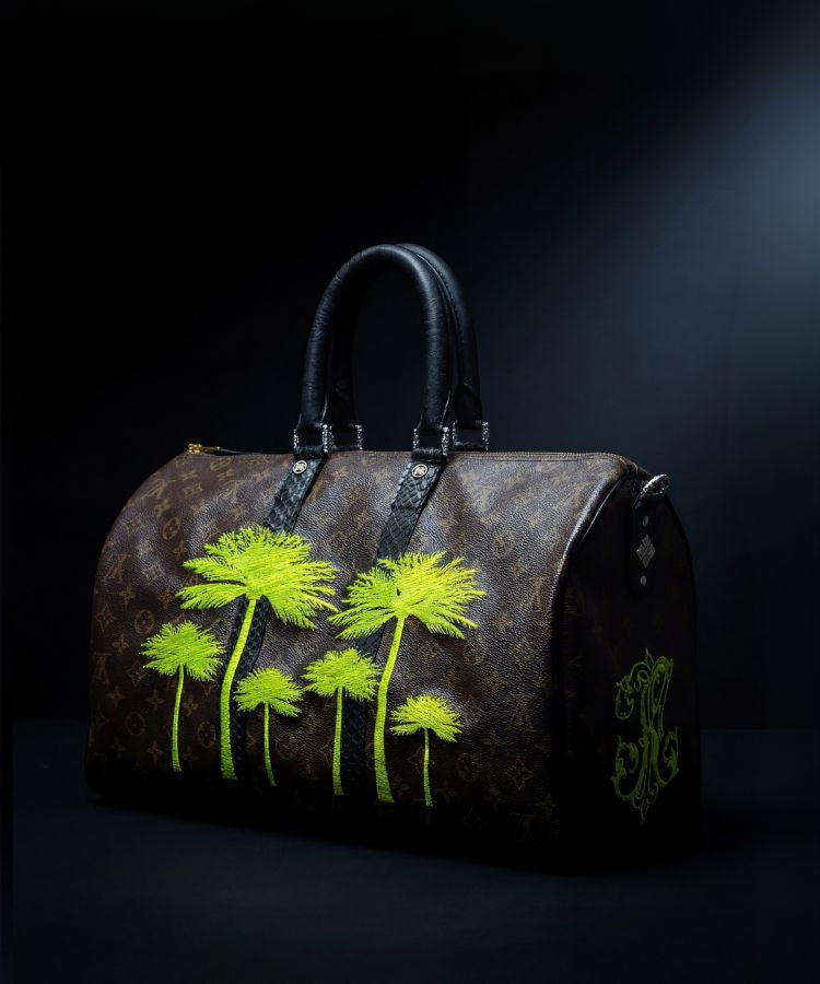 Louis Vuitton Speedy 40 vintage handbag transformed with palm tree embroidery on a dark background by Philip Karto
