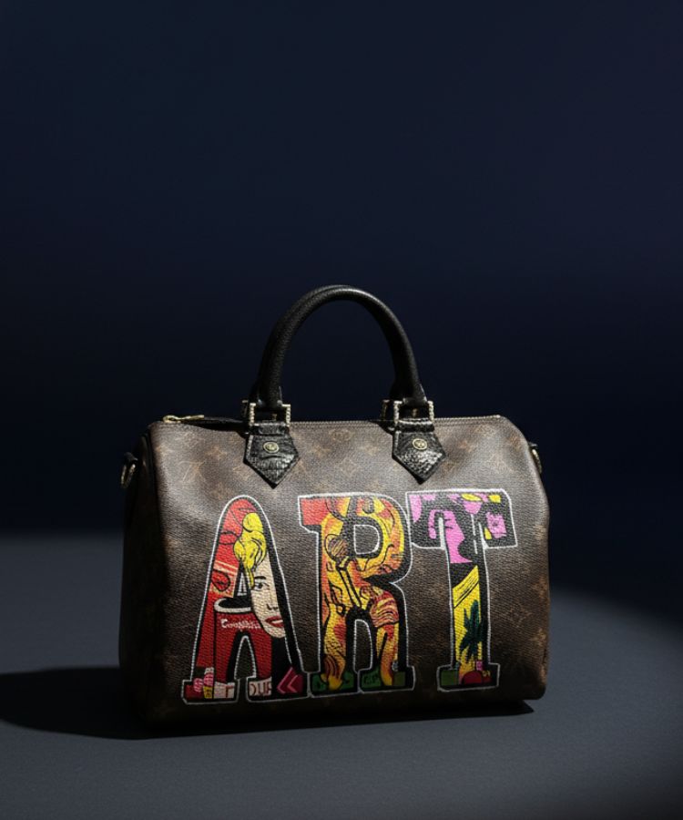 A dark brown leather handbag with a top handle, featuring the word 'ART' spelled out in large, colorful pop-art style letters on the front, set against a dark navy background.