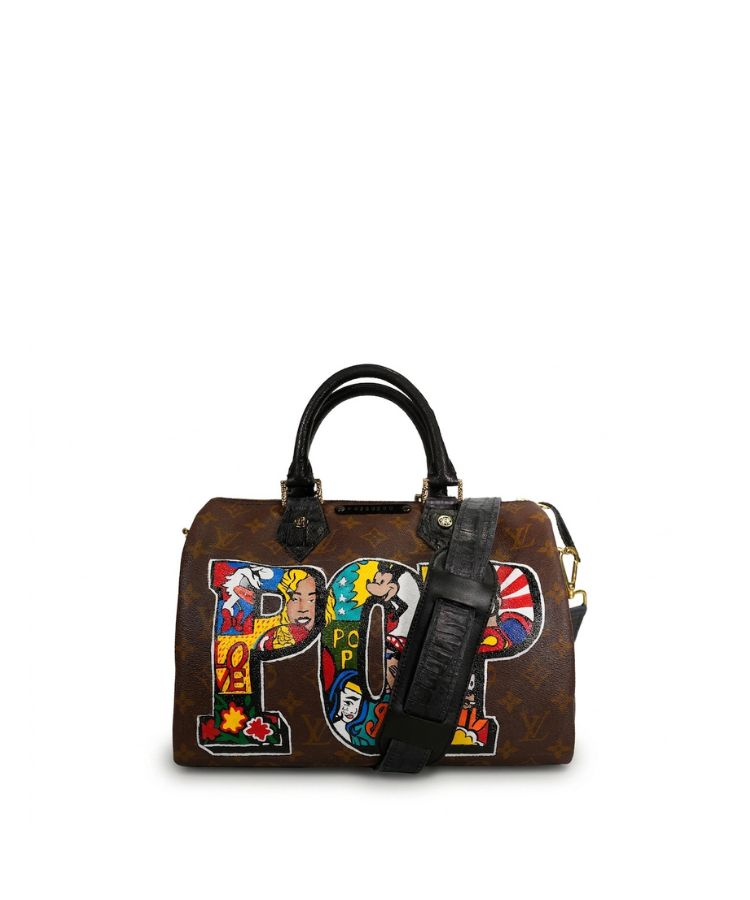 A brown Louis Vuitton monogram Speedy bag featuring large, colorful graffiti-style embroidered letters 'P' and 'Q' on the front, with black leather handles and a black shoulder strap.