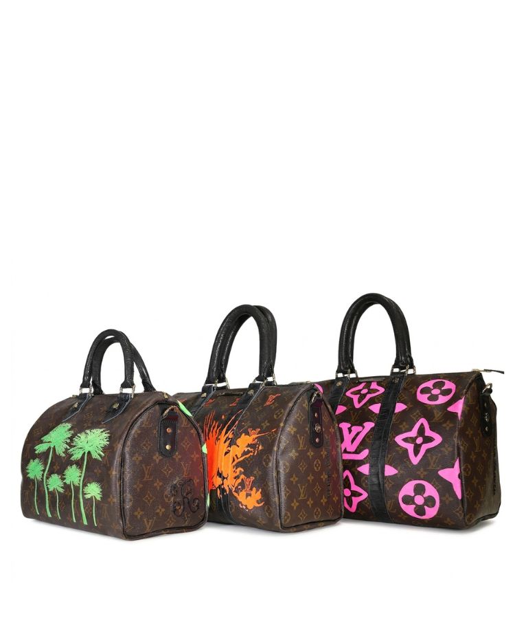 Three handbags with unique designs on a white background