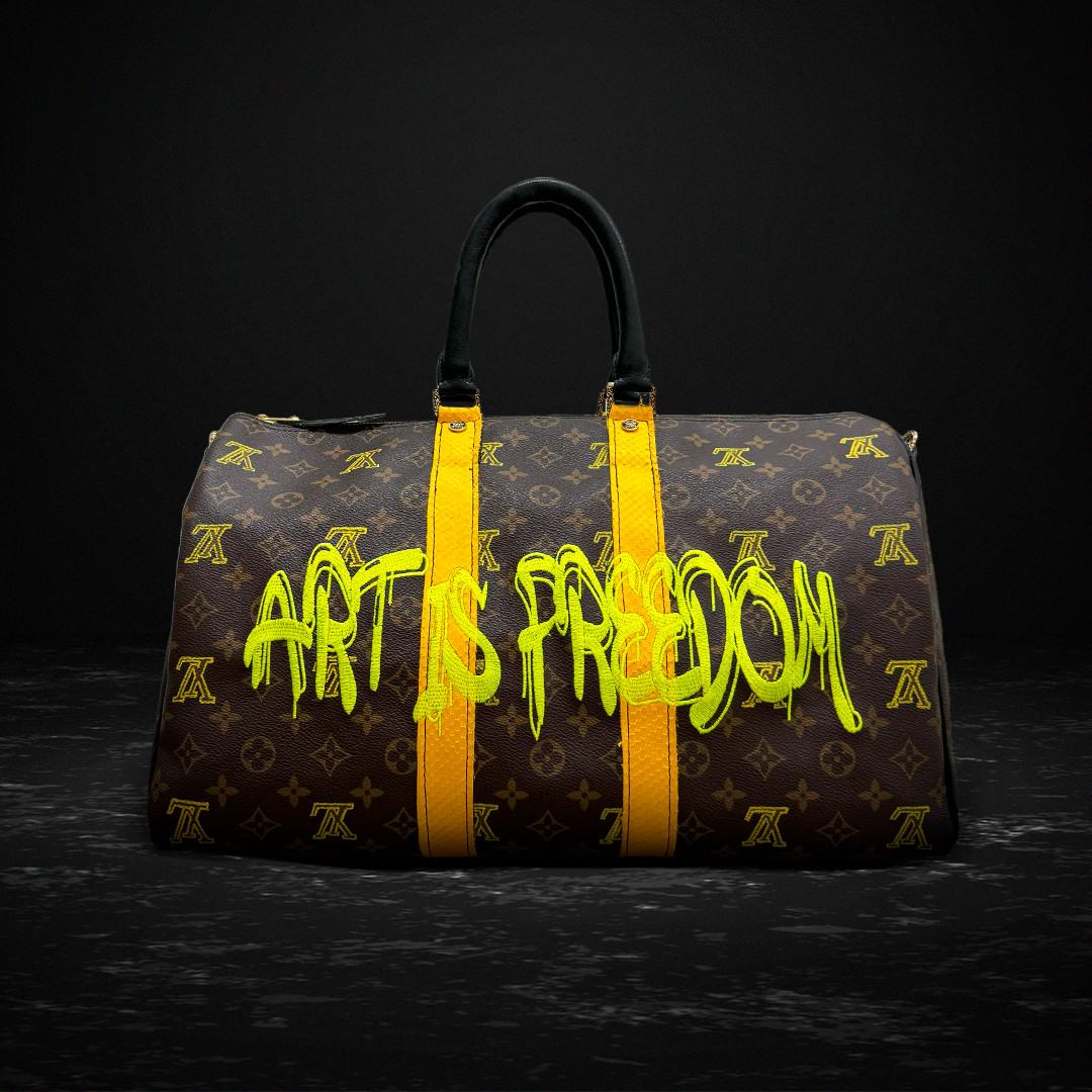 Luxury travel bags Louis Vuitton Keepall 55 yellow Art is Freedom edition