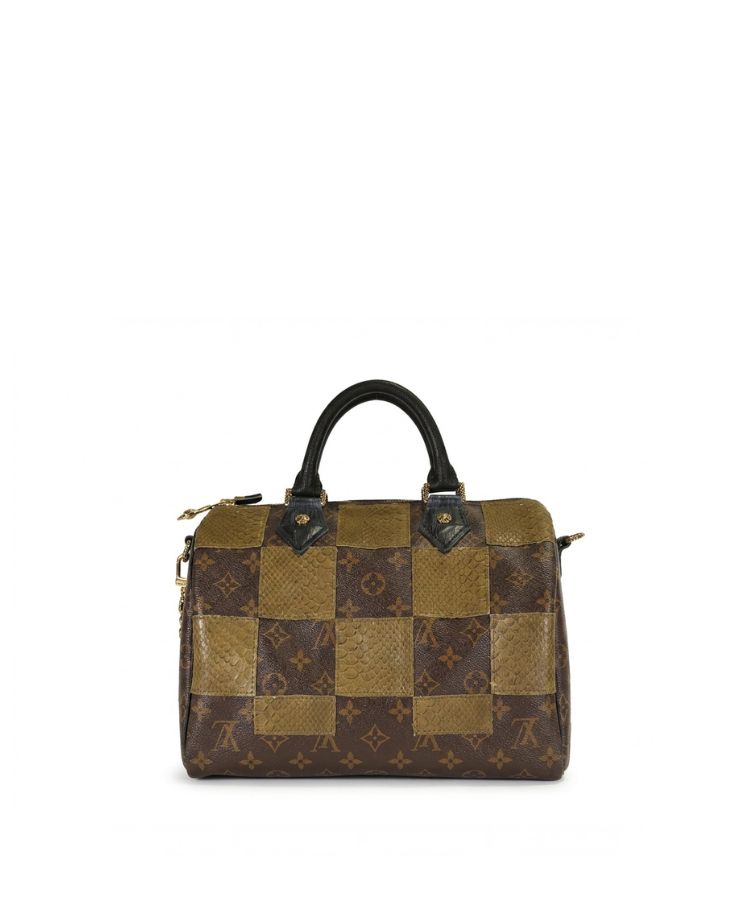 Philip Karto PK.05 Square Python Speedy bag in olive with patchwork python leather grid on vintage Louis Vuitton monogram canvas