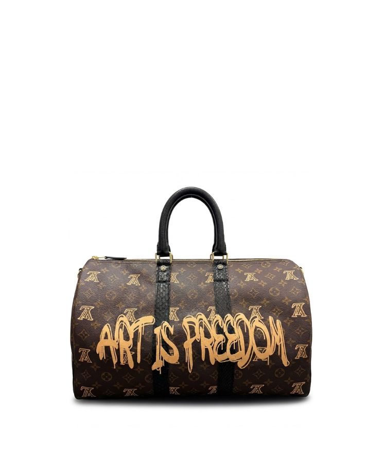 Philip Karto PK.04 Art Is Freedom Speedy bag with embroidered statement in beige on vintage Louis Vuitton monogram canvas