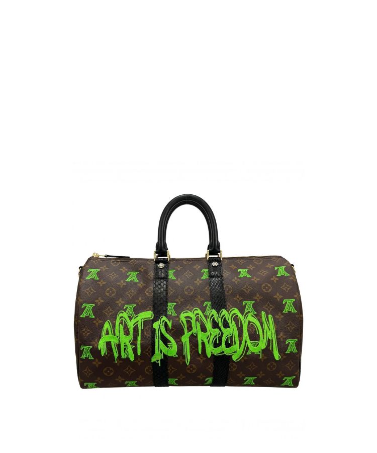 Philip Karto PK.04 Art Is Freedom Speedy bag with embroidered statement in green on vintage Louis Vuitton monogram canvas