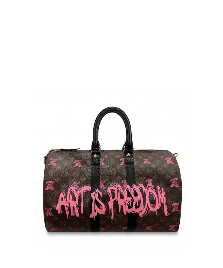 Philip Karto PK.04 Art Is Freedom Speedy bag with embroidered statement in pink on vintage Louis Vuitton monogram canvas