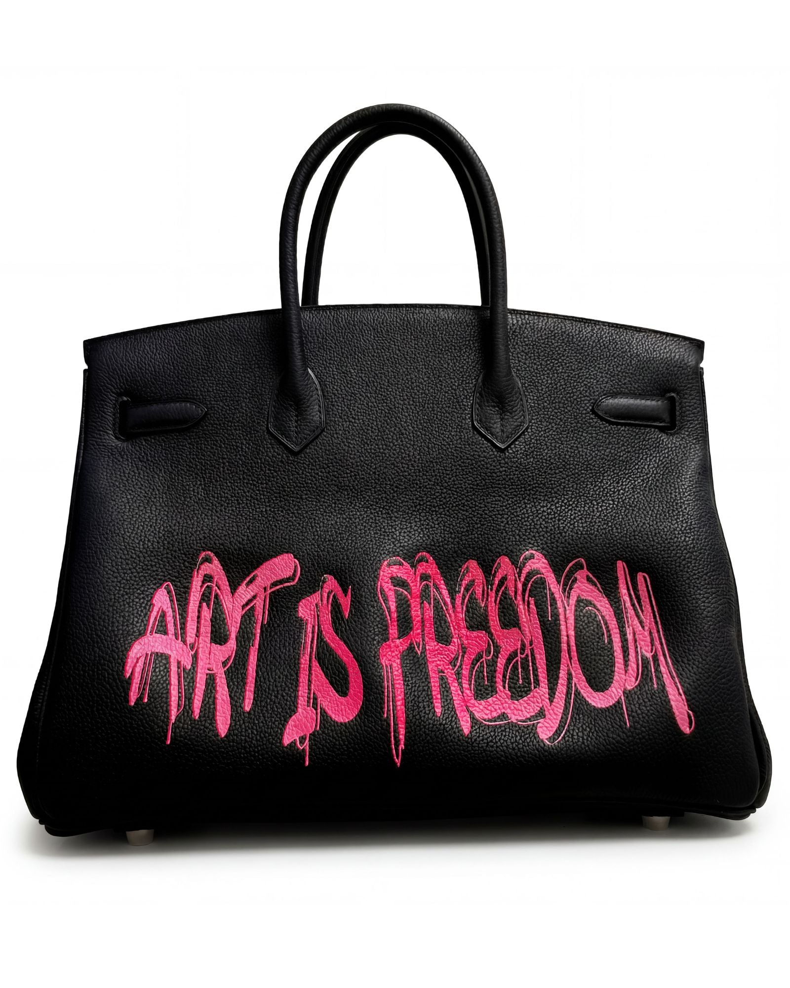 Back view of Philip Karto PK.01 Art Is Freedom Birkin bag with hand-painted statement on black Hermès leather