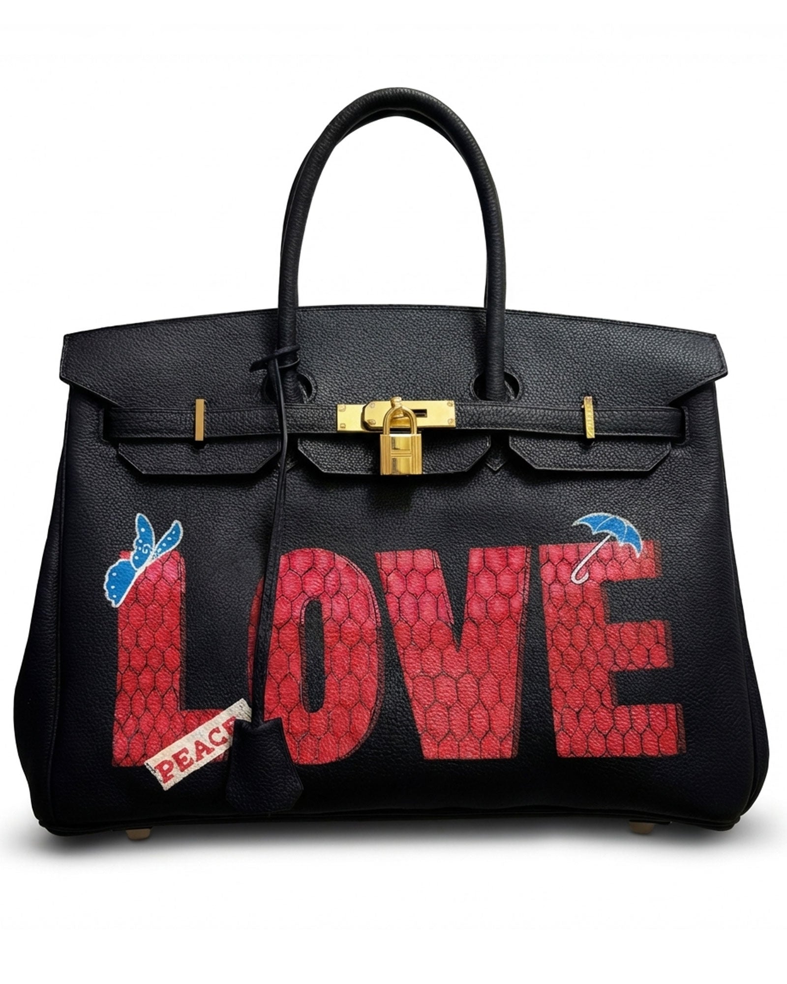 Philip Karto PK.02 The Best Version of Myself Birkin bag with red python LOVE letterforms and Peace detail on black Hermès leather