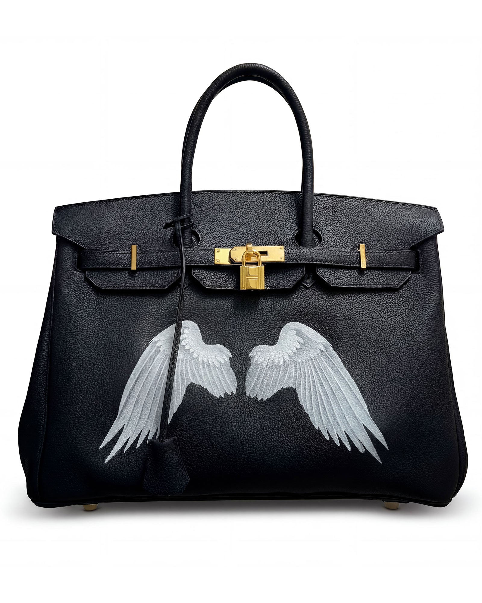 Philip Karto PK.02 The Best Is Yet To Come Birkin bag with hand-painted white wings on black Hermès leather