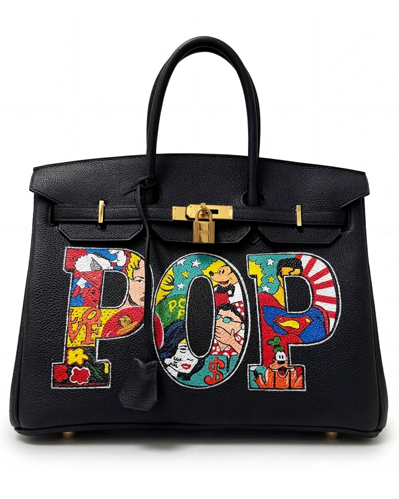 Philip Karto PK.03 Pop Art Birkin bag with hand-painted POP letterforms filled with figurative imagery on black Hermès leather