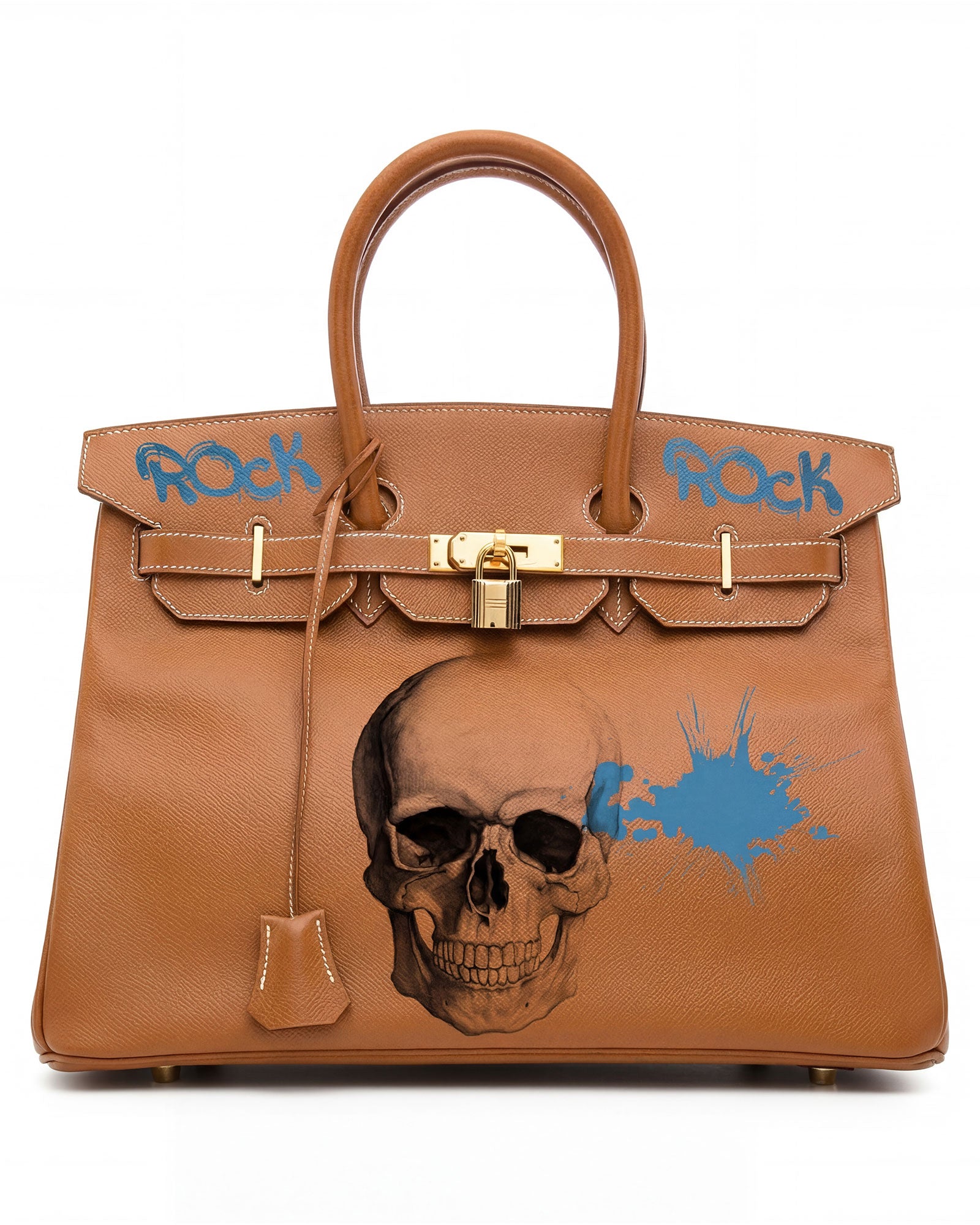 Philip Karto PK.02 ROCK N' ROLL Birkin bag with hand-painted skull and Rock typography in blue on gold Hermès leather