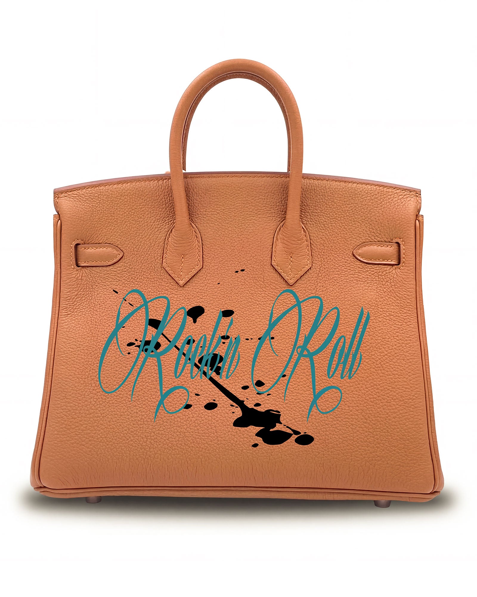 Philip Karto PK.02 Rock N Roll Birkin bag, close-up of blue Rock lettering and painted skull on gold Hermès Birkin leather