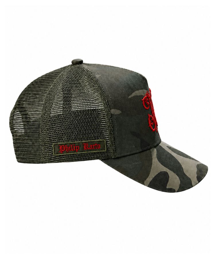 Side view of camouflage PK Cap "Not For Everyone" Model by Philip Karto with embroidered Philip Karto brand logo