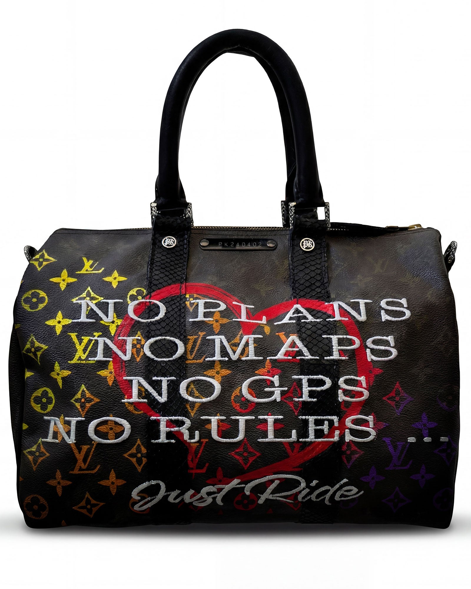 Back view of Philip Karto PK.03 Bip Bip and Coyote Speedy bag created from vintage Louis Vuitton canvas