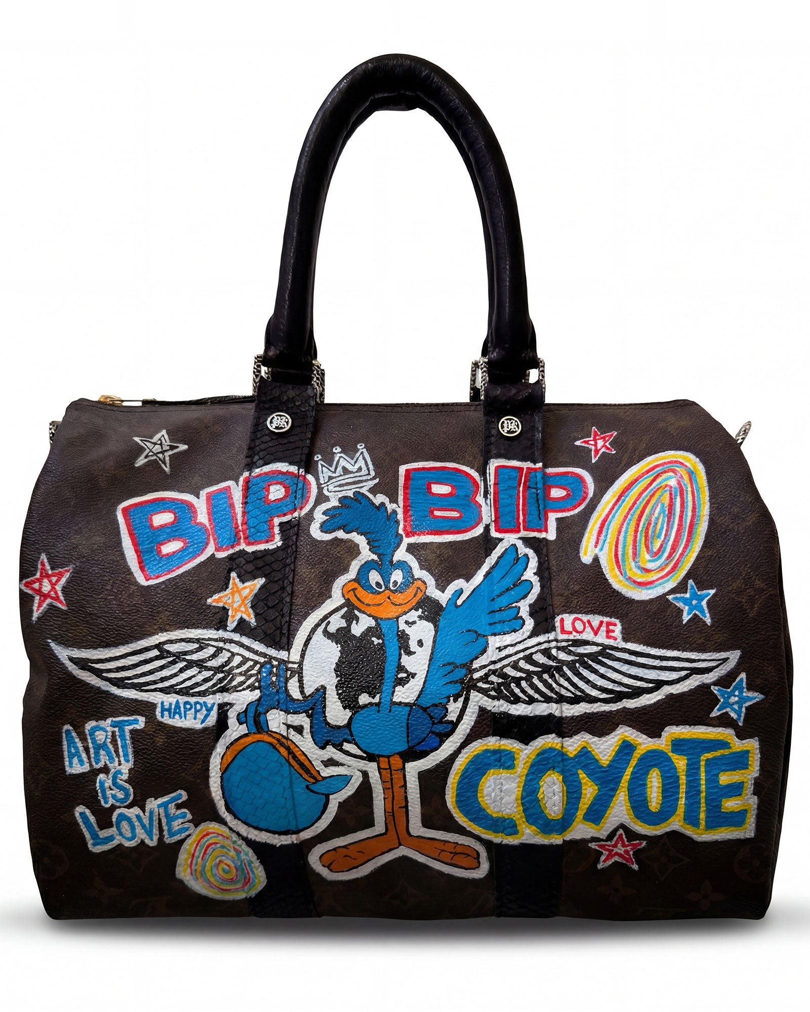 Philip Karto PK.03 Bip Bip and Coyote Keepall travel bag featuring colorful figures and graphic composition