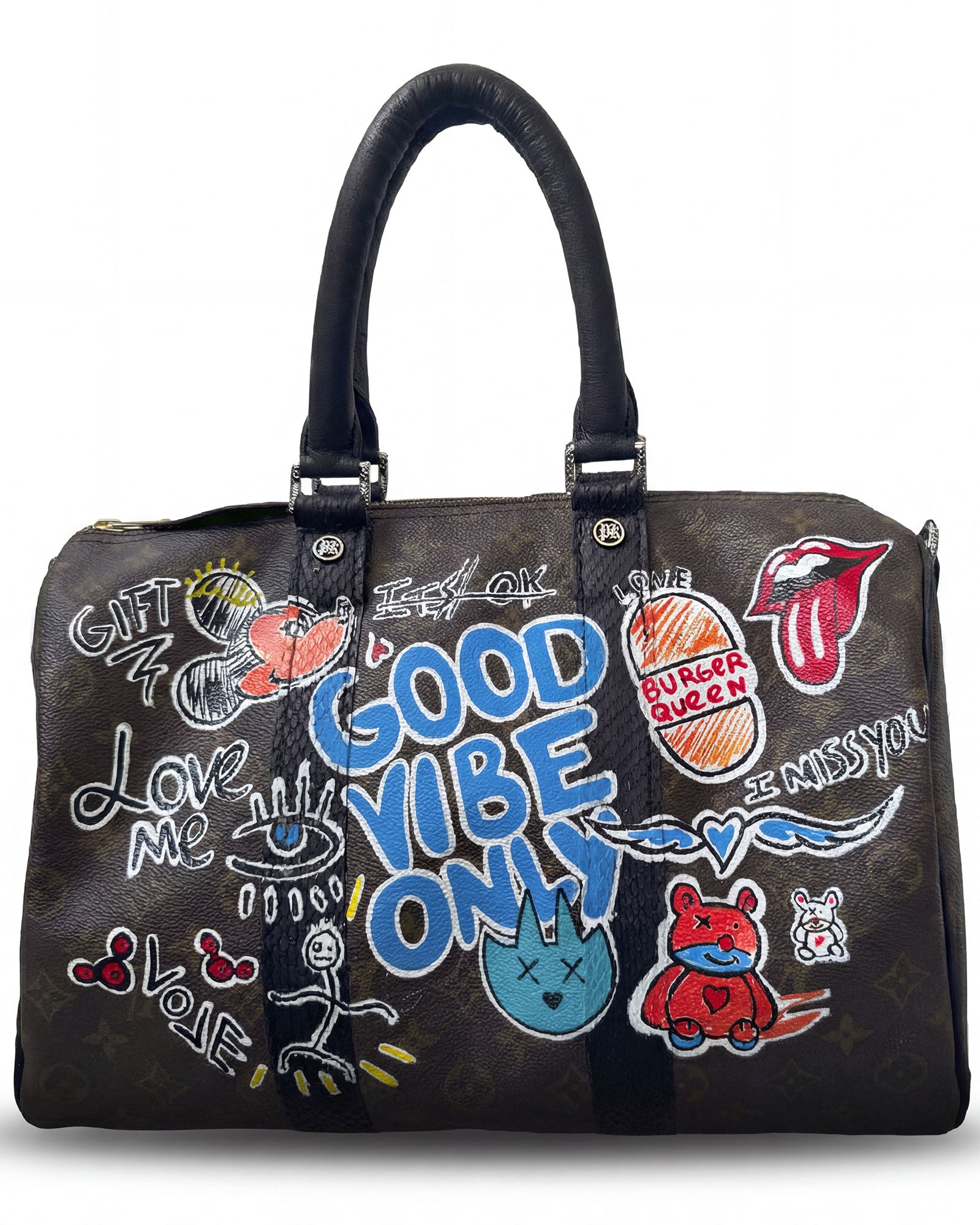 Philip Karto PK.03 Good Vibes Speedy bag hand-painted with words and symbols on Louis Vuitton monogram canvas