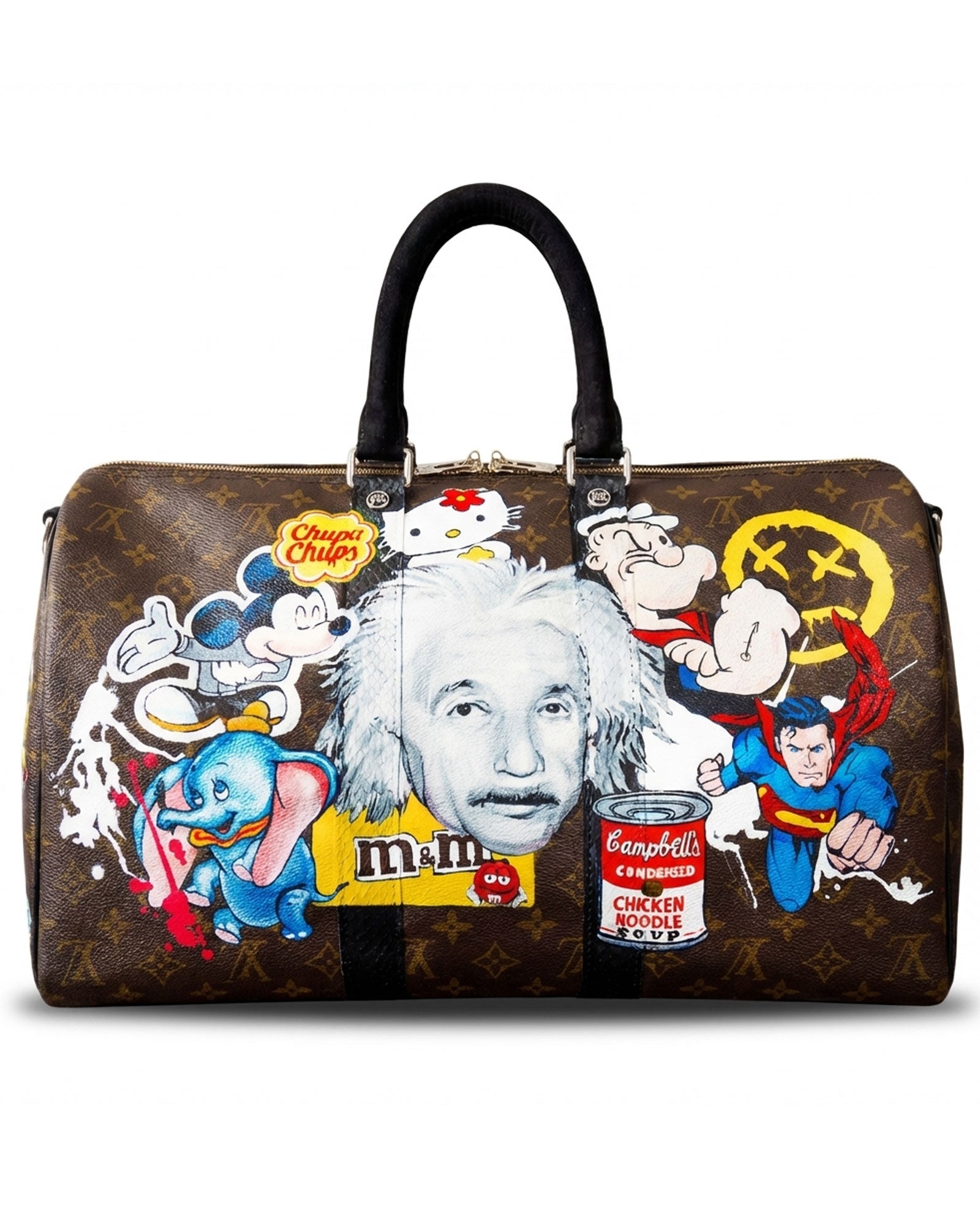 Philip Karto PK.03 Einstein Keepall bag hand-painted with Einstein and pop culture artwork on Louis Vuitton canvas