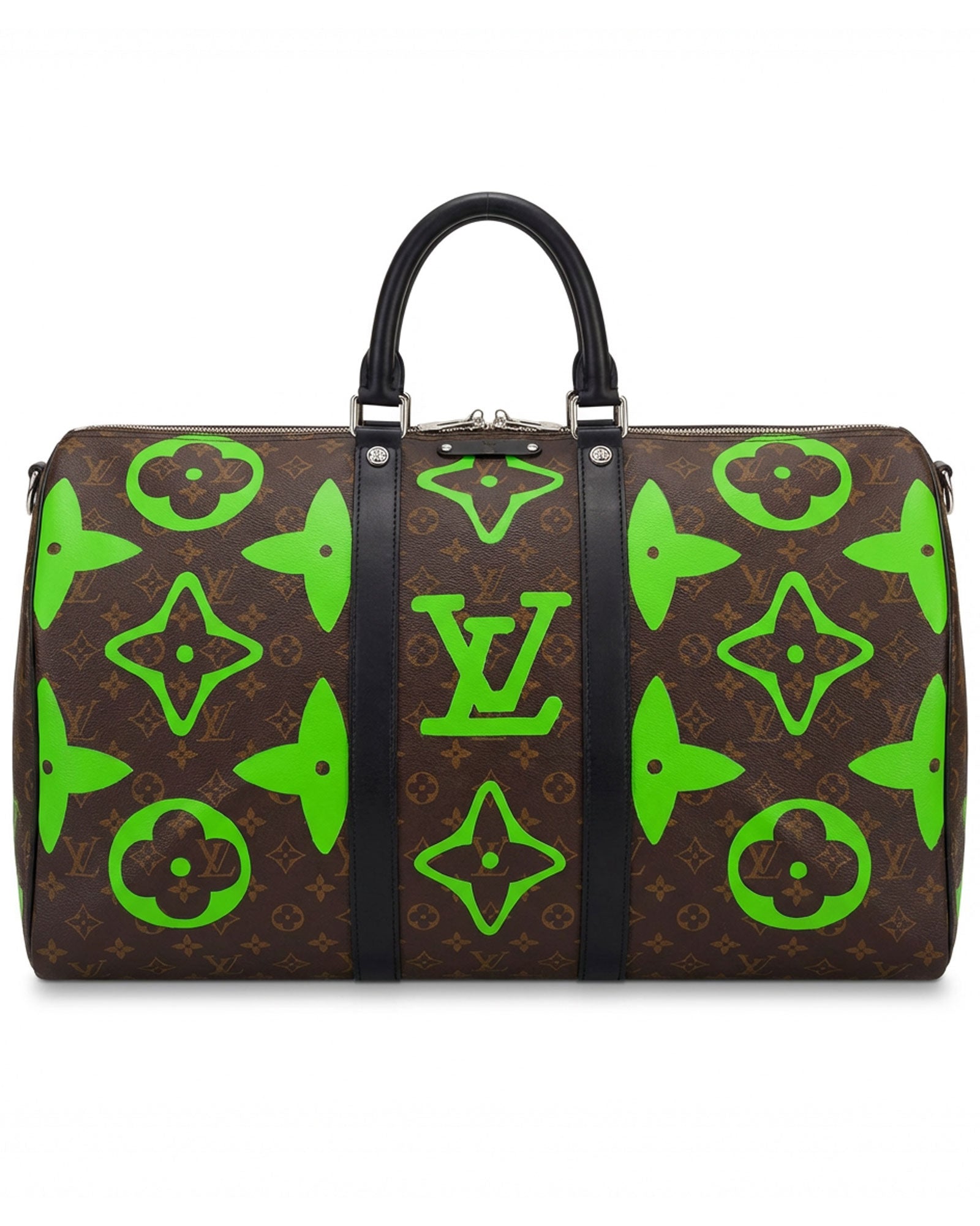 Philip Karto PK.04 Palms Keepall bag with painted LV monogram on this side and embroidered palm motifs on the other side in green on vintage Louis Vuitton monogram canvas