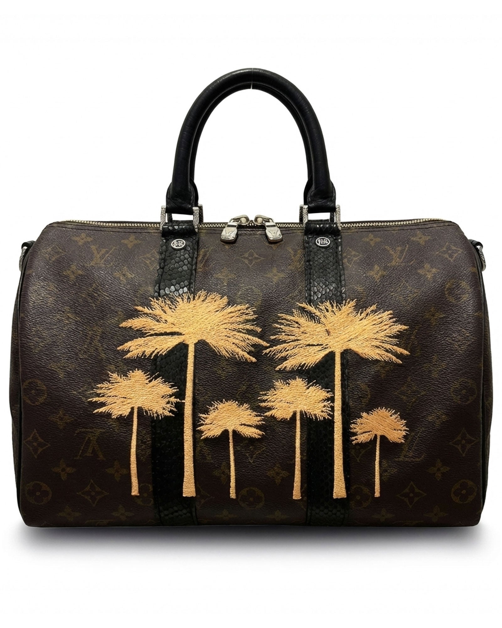 Philip Karto PK.04 Palms Keepall bag in beige with embroidered palm motifs on vintage Louis Vuitton monogram canvas