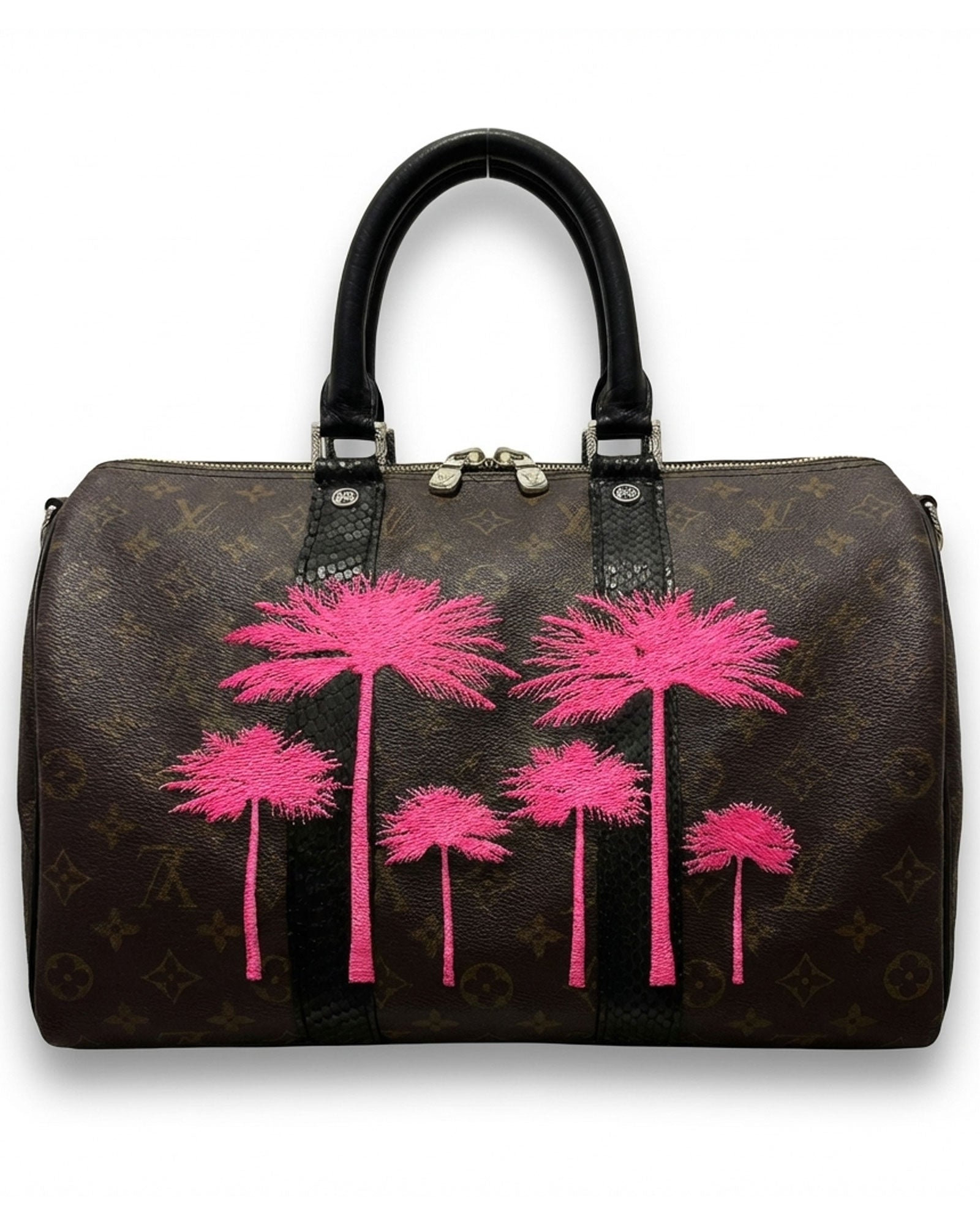 Philip Karto PK.04 Palms Keepall bag in pink with embroidered palm motifs on vintage Louis Vuitton monogram canvas