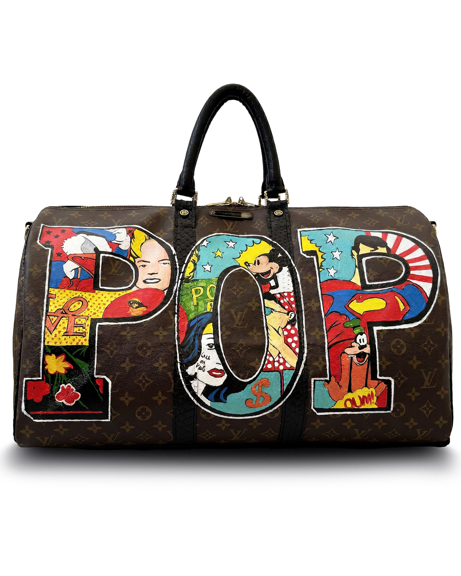 Back view of Philip Karto PK.03 Pop Art Keepall bag created from vintage Louis Vuitton canvas