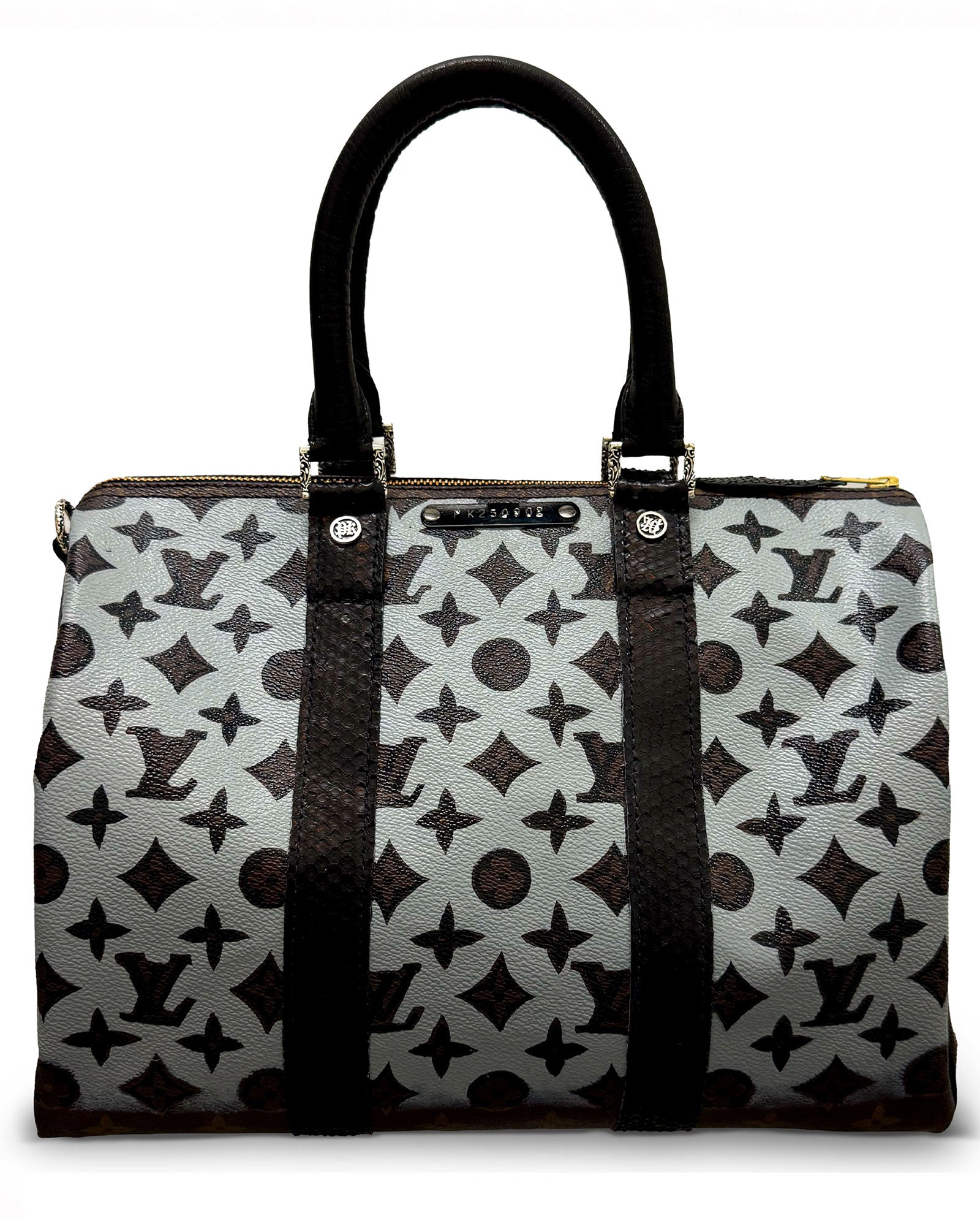 Philip Karto PK.02 Simple Gray Keepall bag hand-painted on vintage Louis Vuitton monogram canvas