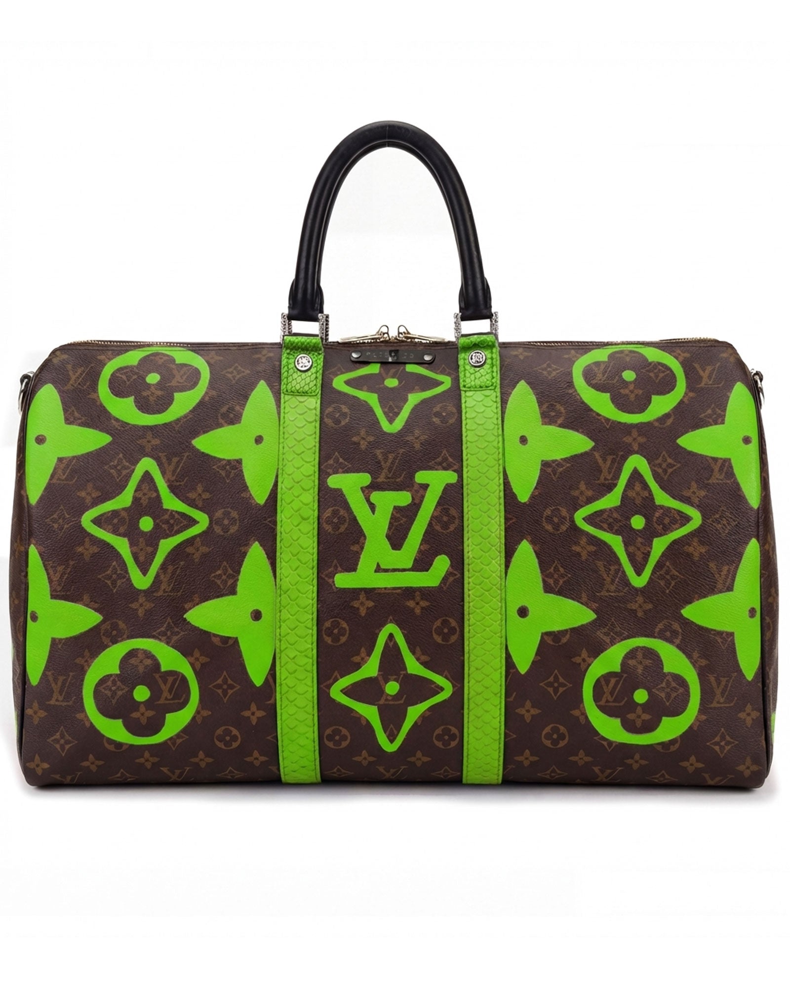 Keepall Louis Vuitton luxury vintage carry-on bag, Model SQUARE from Pk.02 painted edition, front side with large painted LV symbols in green,  reinterpreted by Philip Karto