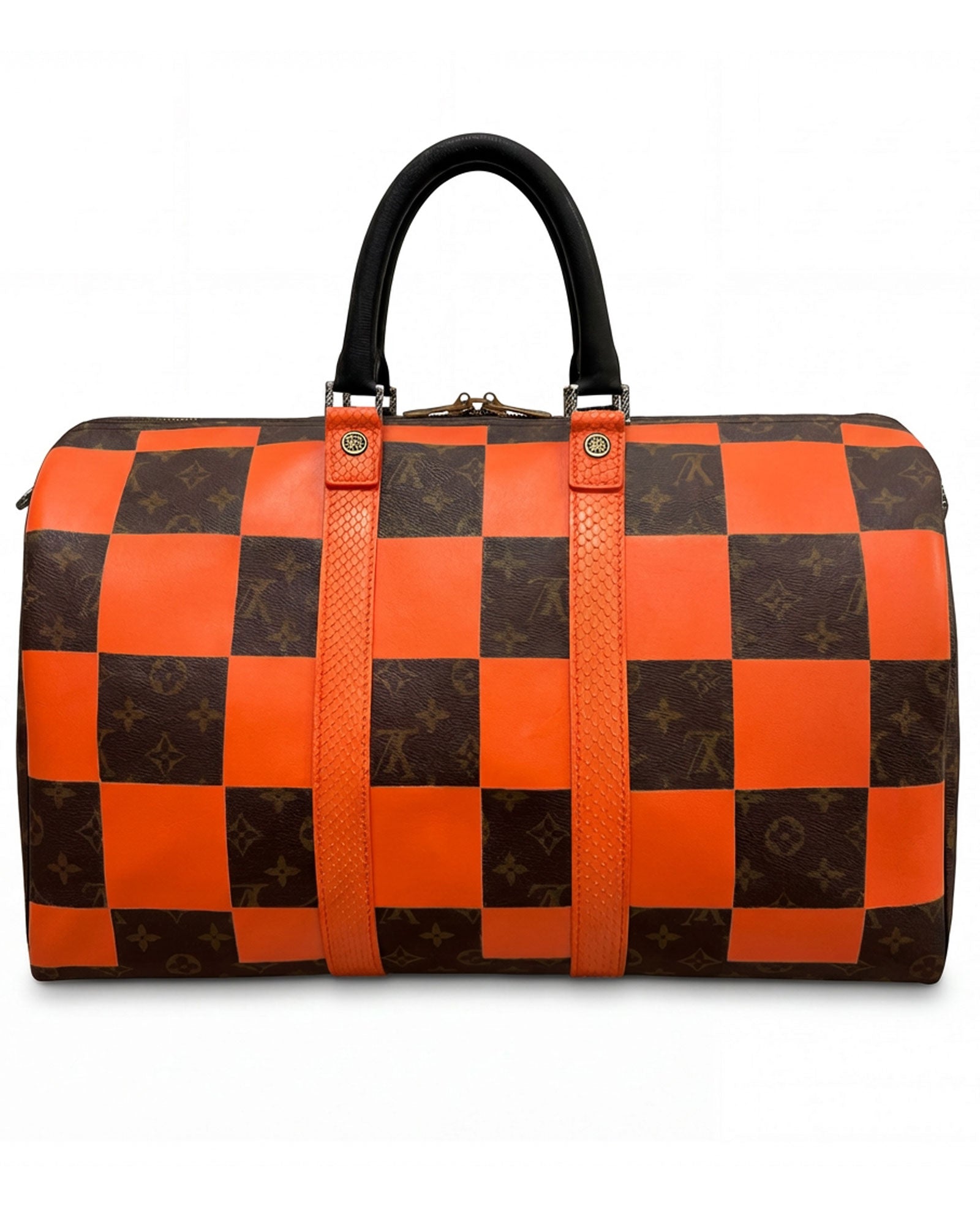 Keepall Louis Vuitton luxury vintage carry-on bag, Model SQUARE from Pk.02 painted edition, front side with large painted LV symbols in orange,  reinterpreted by Philip Karto