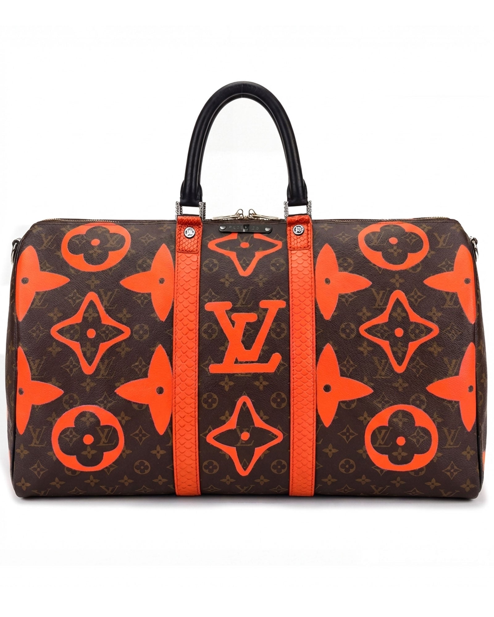 Keepall Louis Vuitton luxury vintage carry-on bag, Model SQUARE from Pk.02 painted edition, front side with large painted LV symbols in orange,  reinterpreted by Philip Karto