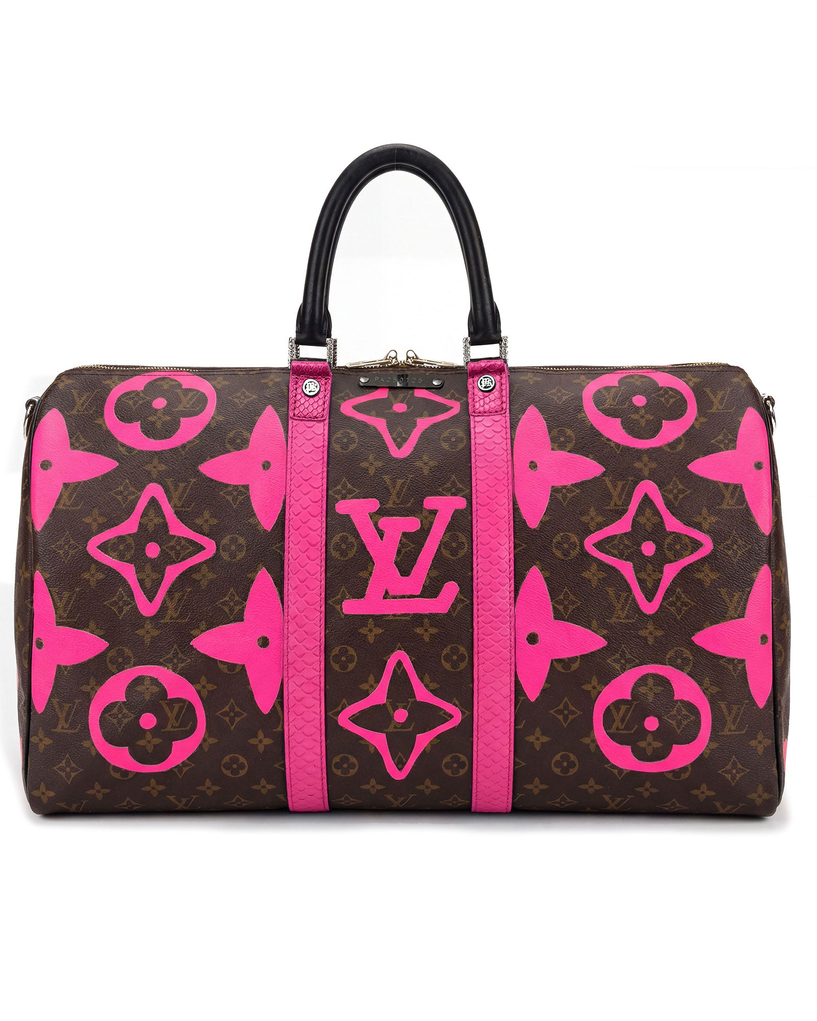 Keepall Louis Vuitton luxury vintage carry-on bag, Model SQUARE from Pk.02 painted edition, front side with large painted LV symbols in magenta pink,  reinterpreted by Philip Karto