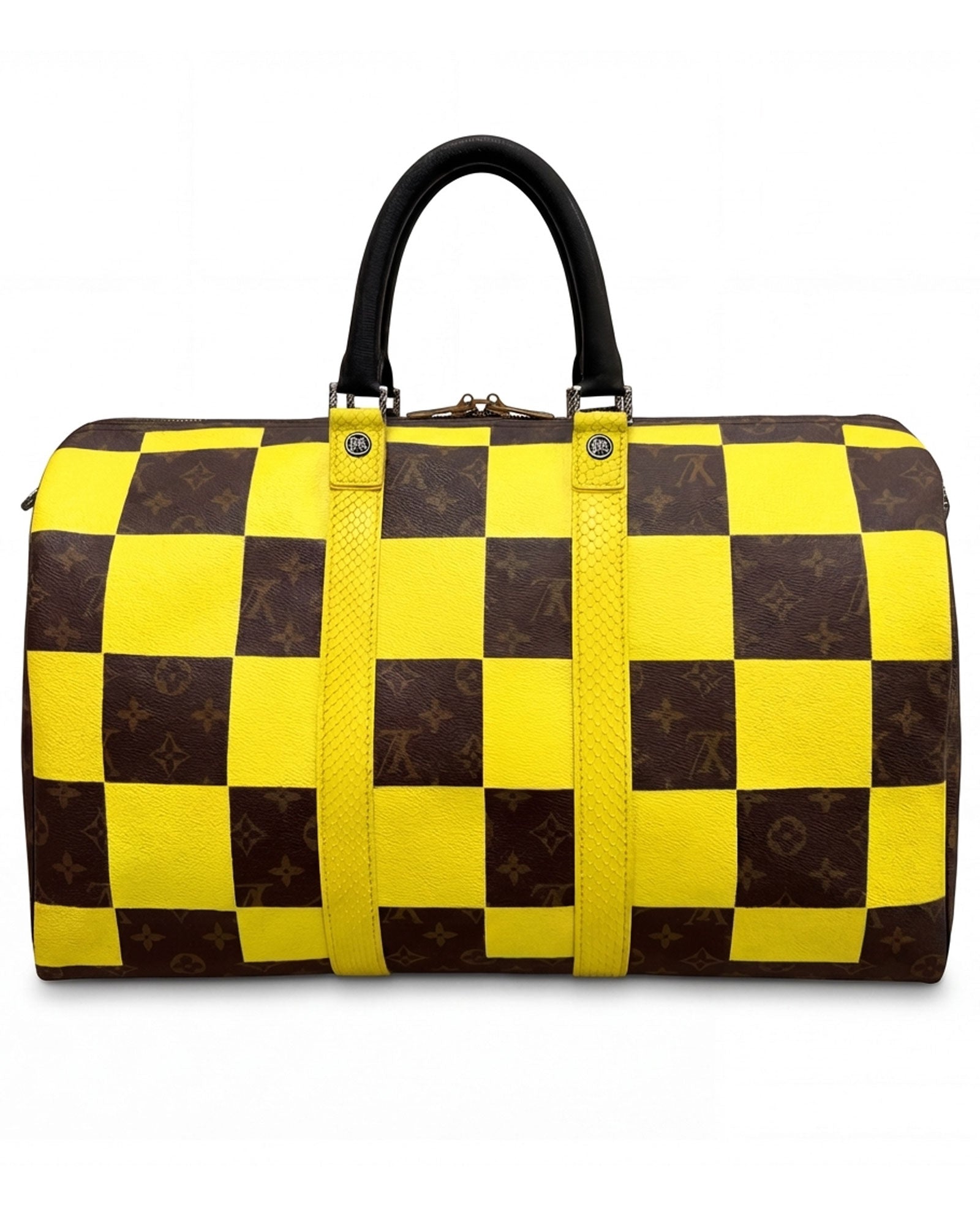 Keepall Louis Vuitton luxury vintage carry-on bag, Model SQUARE from Pk.02 painted edition, front side with large painted LV symbols in yellow,  reinterpreted by Philip Karto
