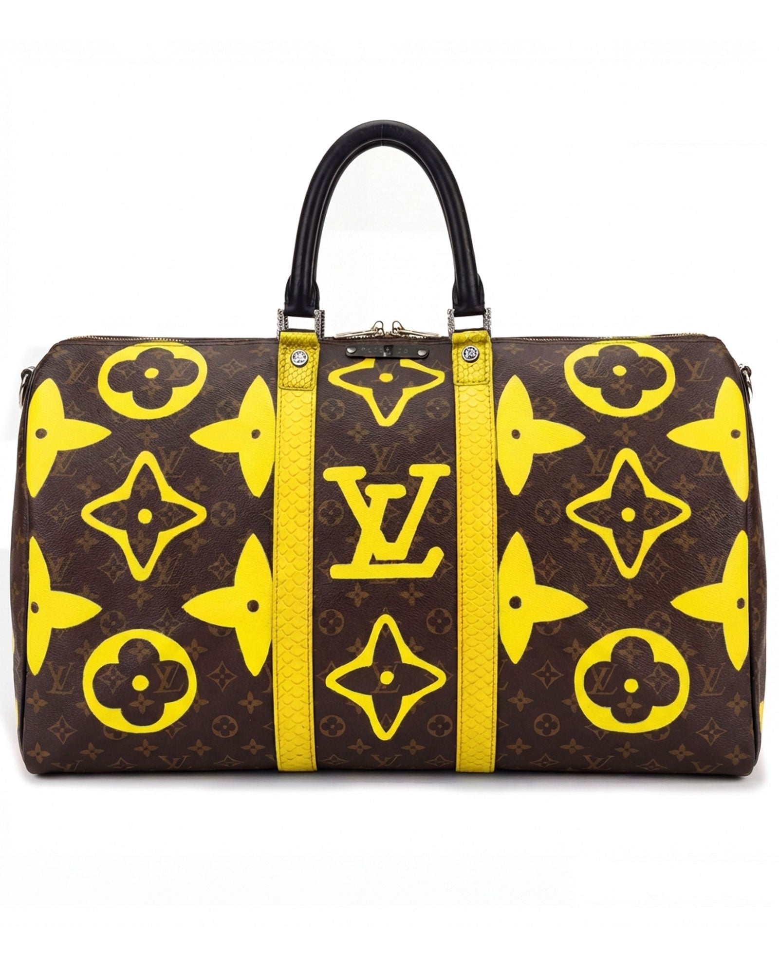Keepall Louis Vuitton luxury vintage carry-on bag, Model SQUARE from Pk.02 painted edition, front side with large painted LV symbols in yellow,  reinterpreted by Philip Karto