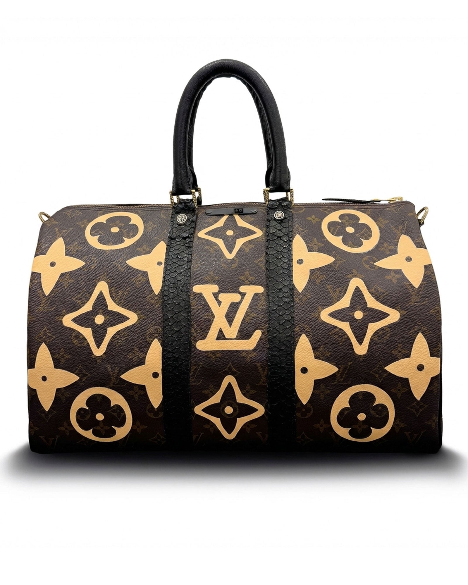 Keepall Louis Vuitton vintage  travel bag, Model STARS from Pk.02 painted edition, front side with large painted LV symbols in beige, reinterpreted by Philip Karto