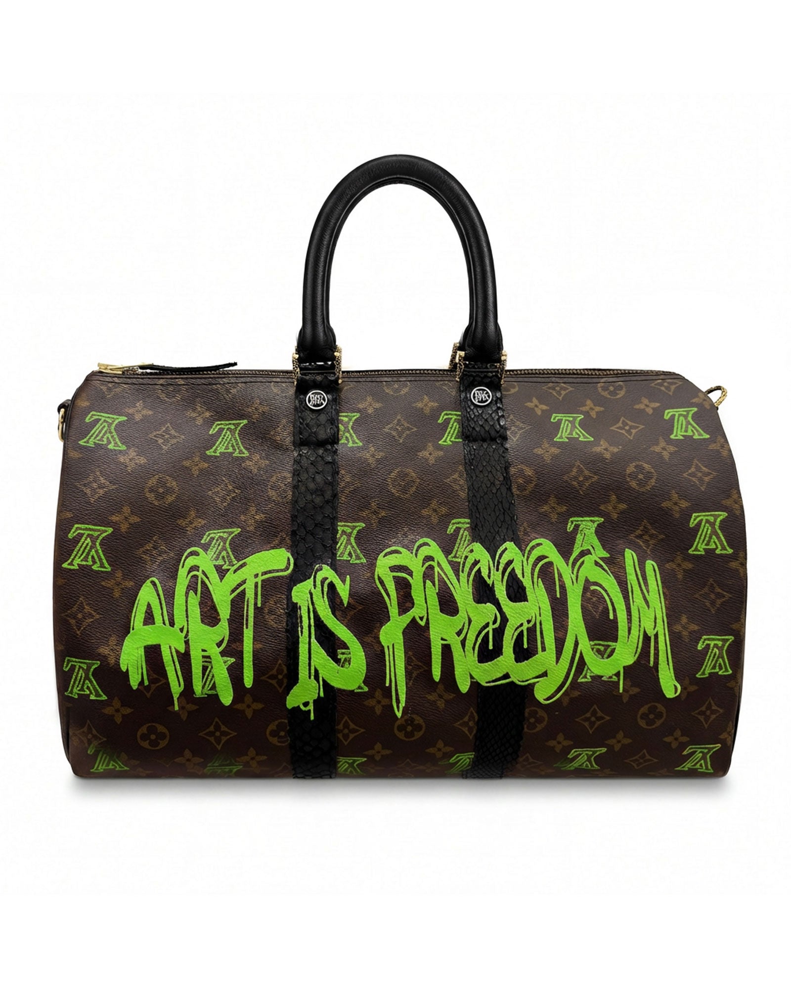 Keepall Louis Vuitton luxury vintage bag, Model Art Is Freedom from Pk.01 painted collection, front side in green reinterpreted by Philip Karto