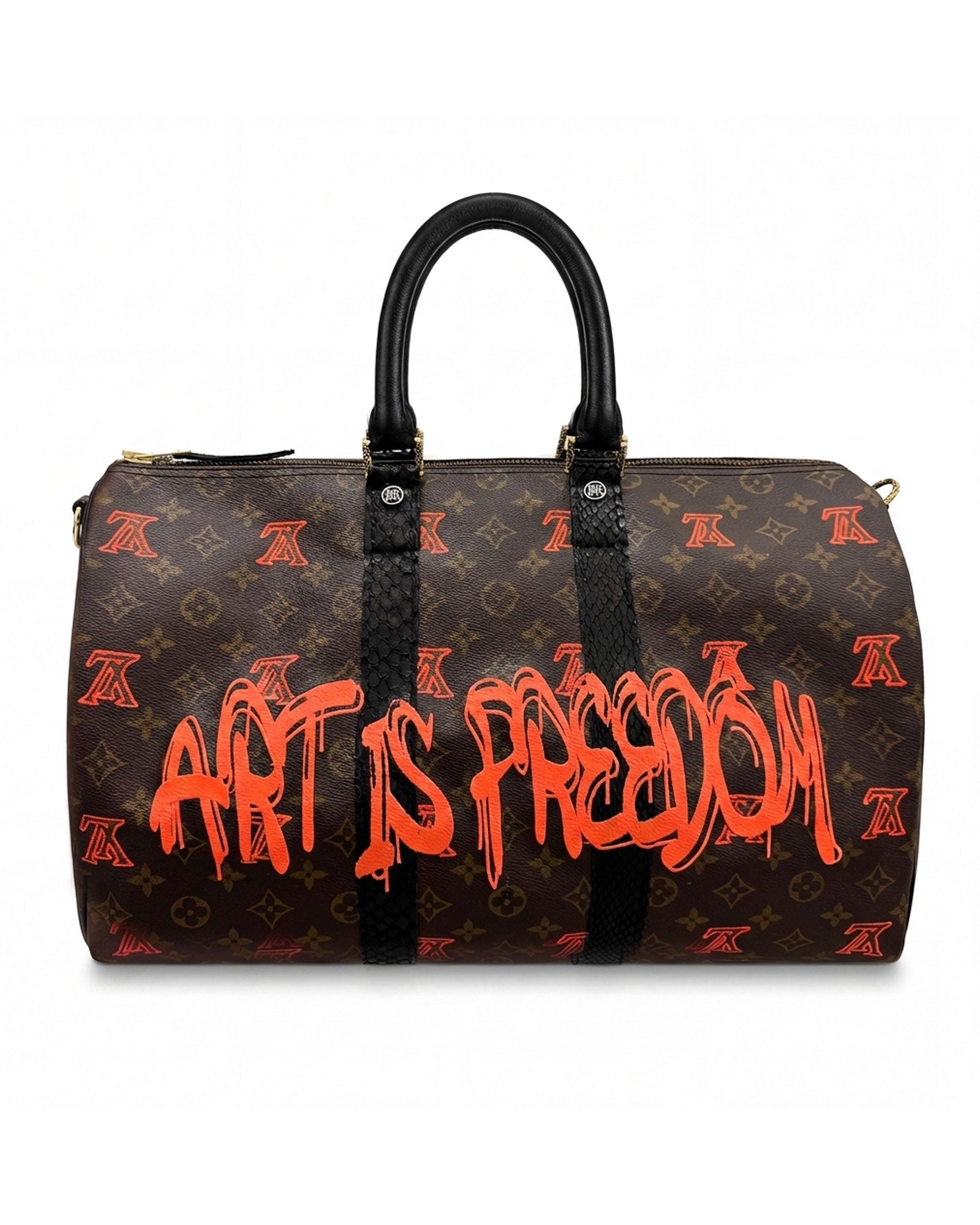 Keepall Louis Vuitton luxury vintage bag, Model Art Is Freedom from Pk.01 painted collection, front side in orange with painting splash reinterpreted by Philip Karto
