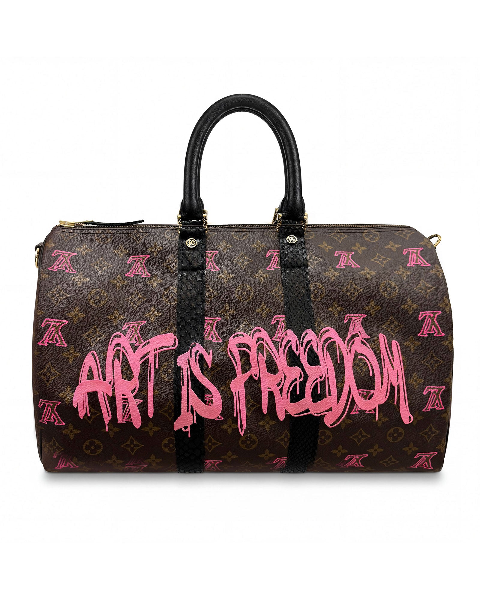 Keepall Louis Vuitton luxury vintage bag, Model Art Is Freedom from Pk.01 painted collection, front side in pink with painting splash reinterpreted by Philip Karto