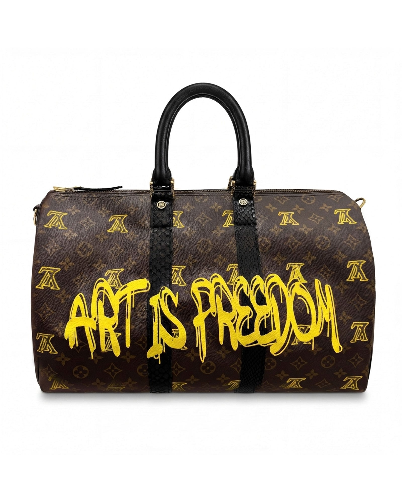 Keepall Louis Vuitton luxury vintage bag, Model Art Is Freedom from Pk.01 painted collection, front side in yellow with painting splash reinterpreted by Philip Karto