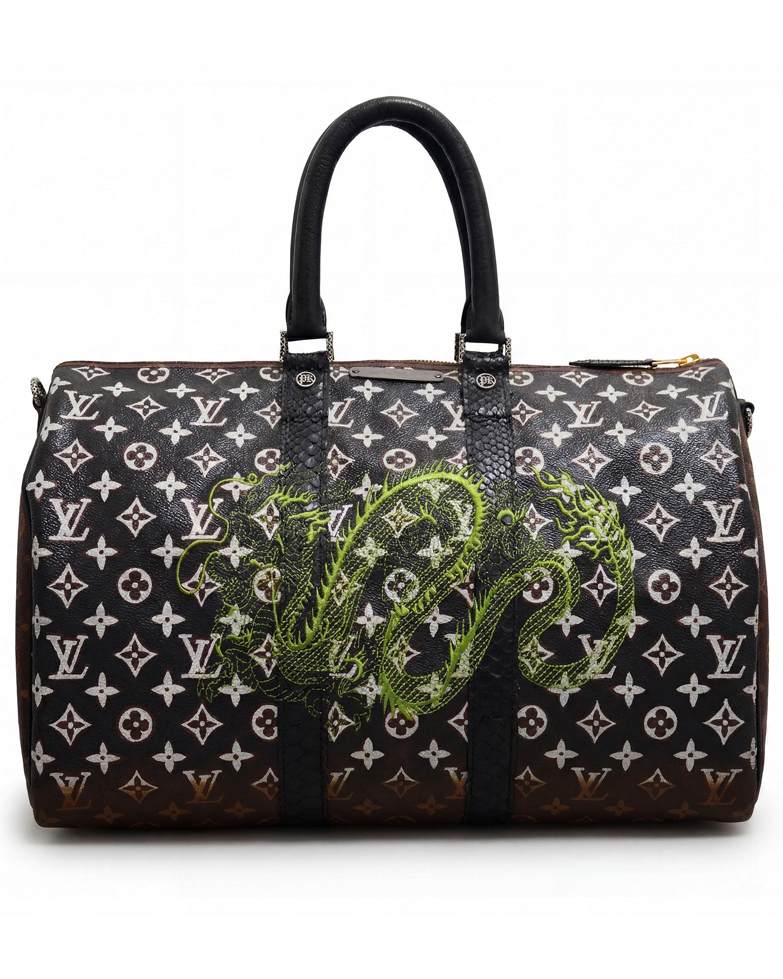 Philip Karto PK.04 Kaki Dragon Keepall bag with embroidered green dragon on vintage Louis Vuitton monogram canvas