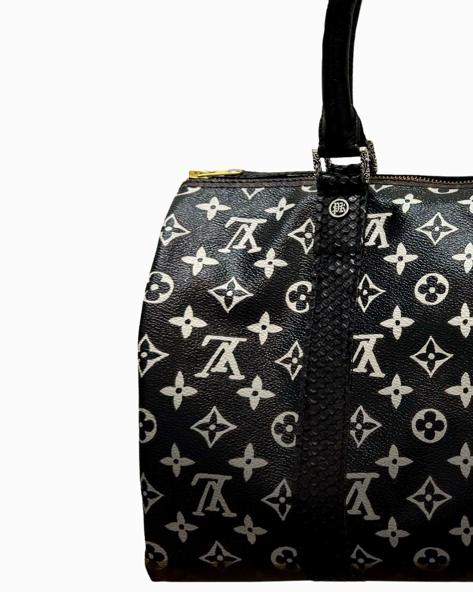 Details of Simple Black Speedpy 35 handbag with white painted monogram Louis Vuitton pattern on a white background by Philip Karto