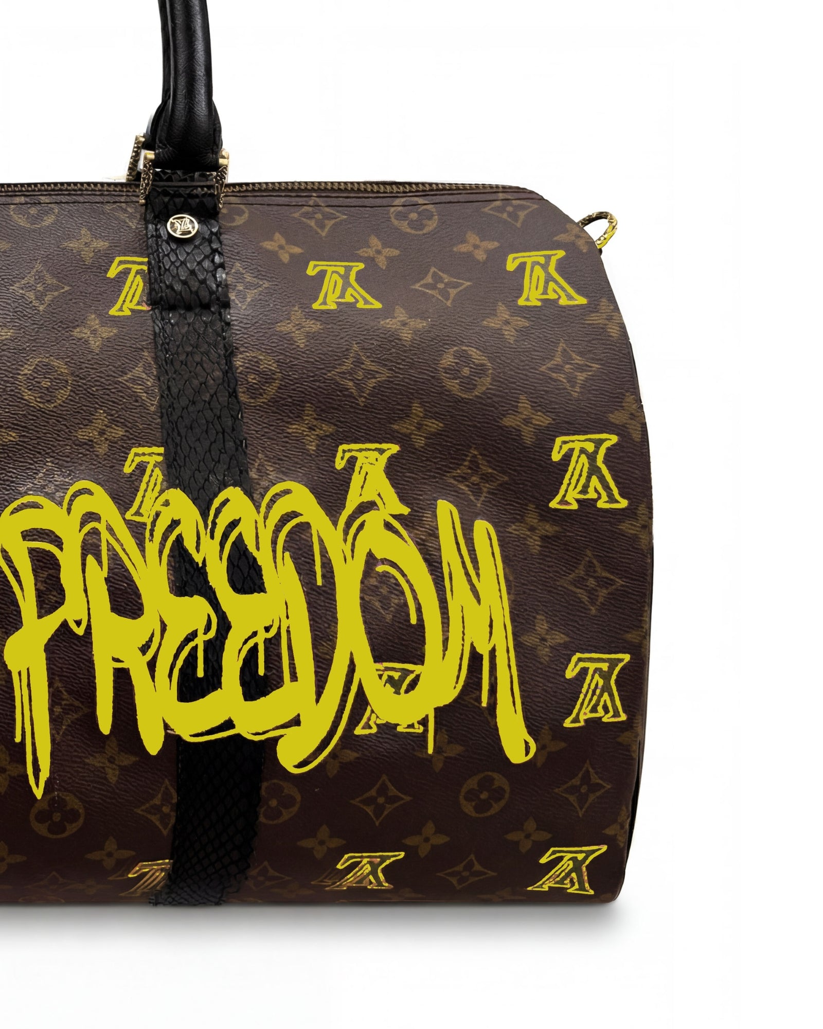 Louis Vuitton Keepall bag by Philip Karto details of the Art Is Freedom model in yellow on a clear background