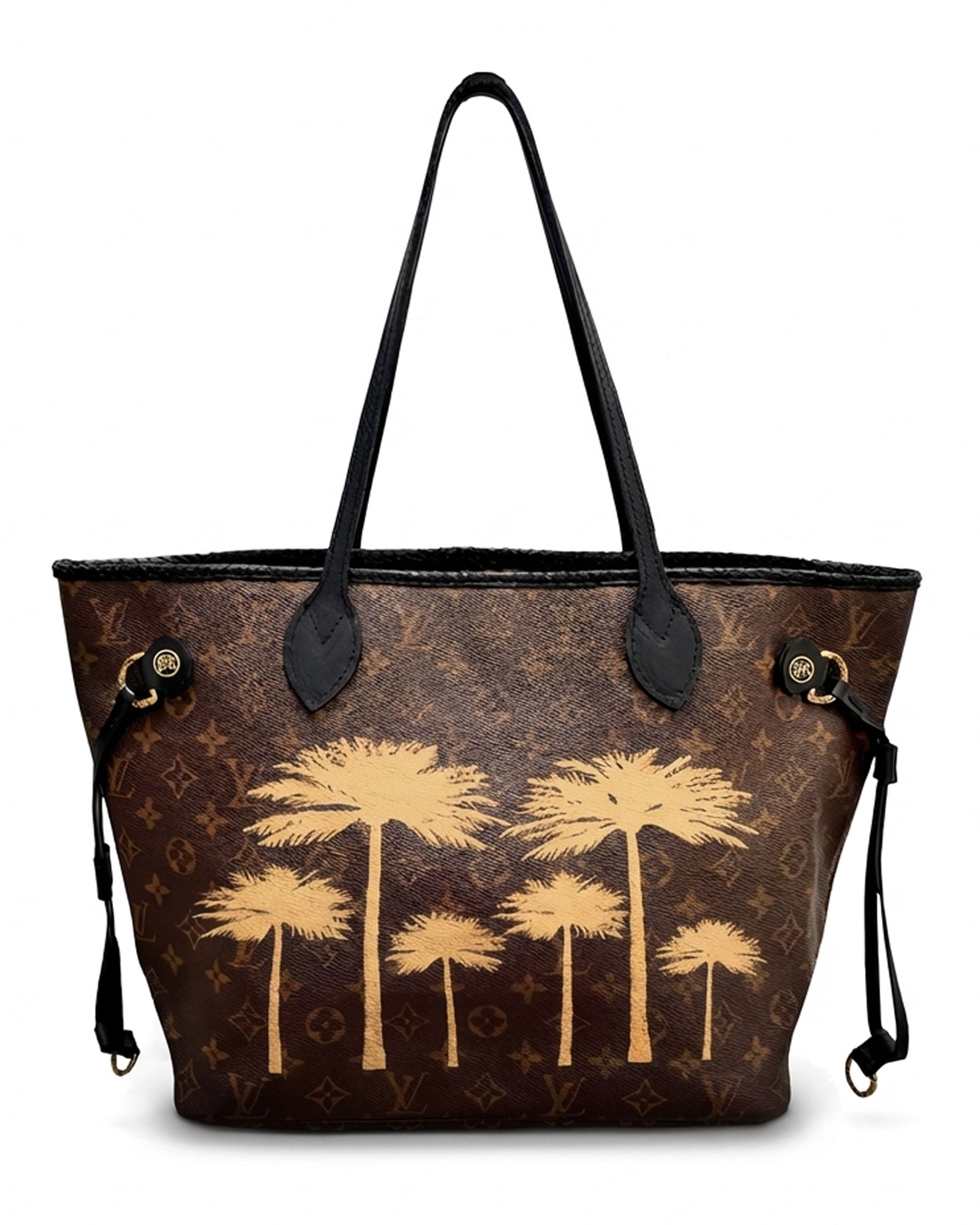 Neverfull Louis Vuitton timeless vintage tote bag, Model PALMS from PK.02 painted edition, back side in beige with painted squares reinterpreted by Philip Karto