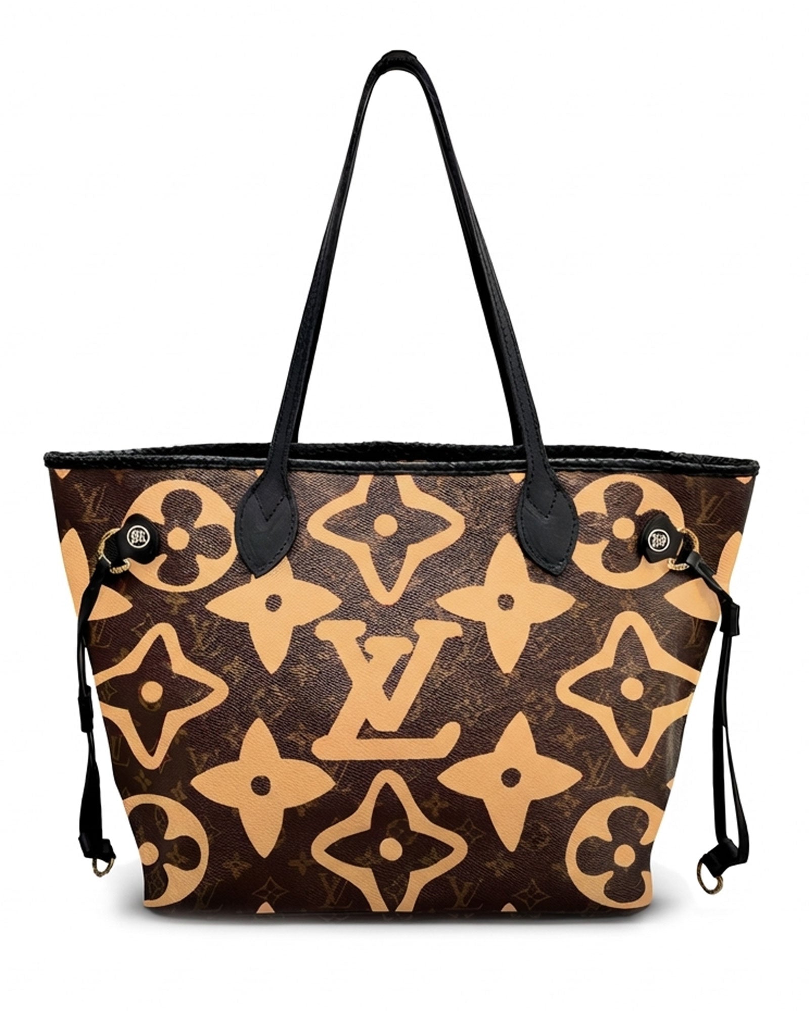 Neverfull Louis Vuitton timeless vintage tote bag, Model PALMS from PK.02 painted edition, back side in beige with painted squares reinterpreted by Philip Karto