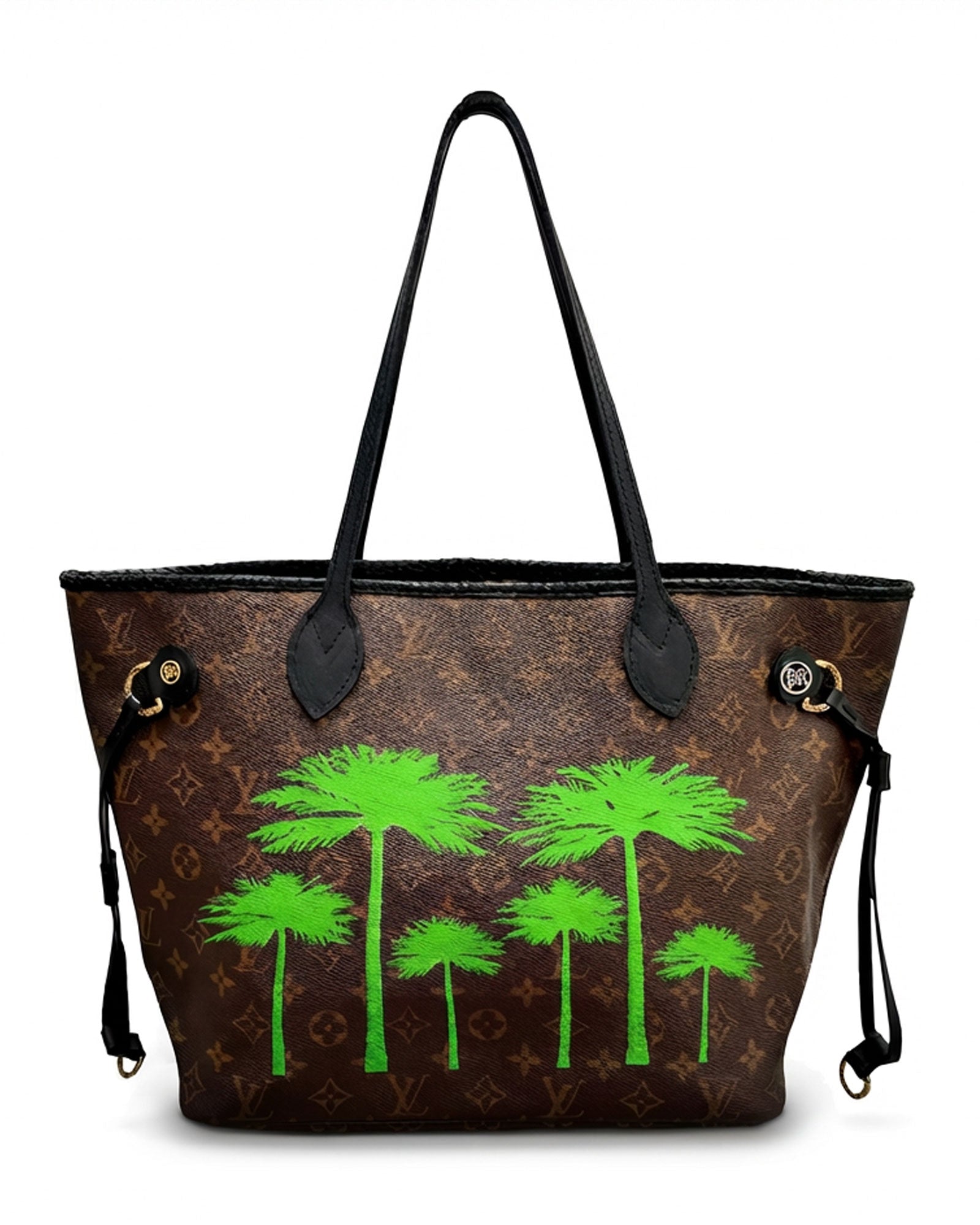 Neverfull Louis Vuitton timeless vintage tote bag, Model PALMS from PK.02 painted edition, back side in green with painted squares reinterpreted by Philip Karto